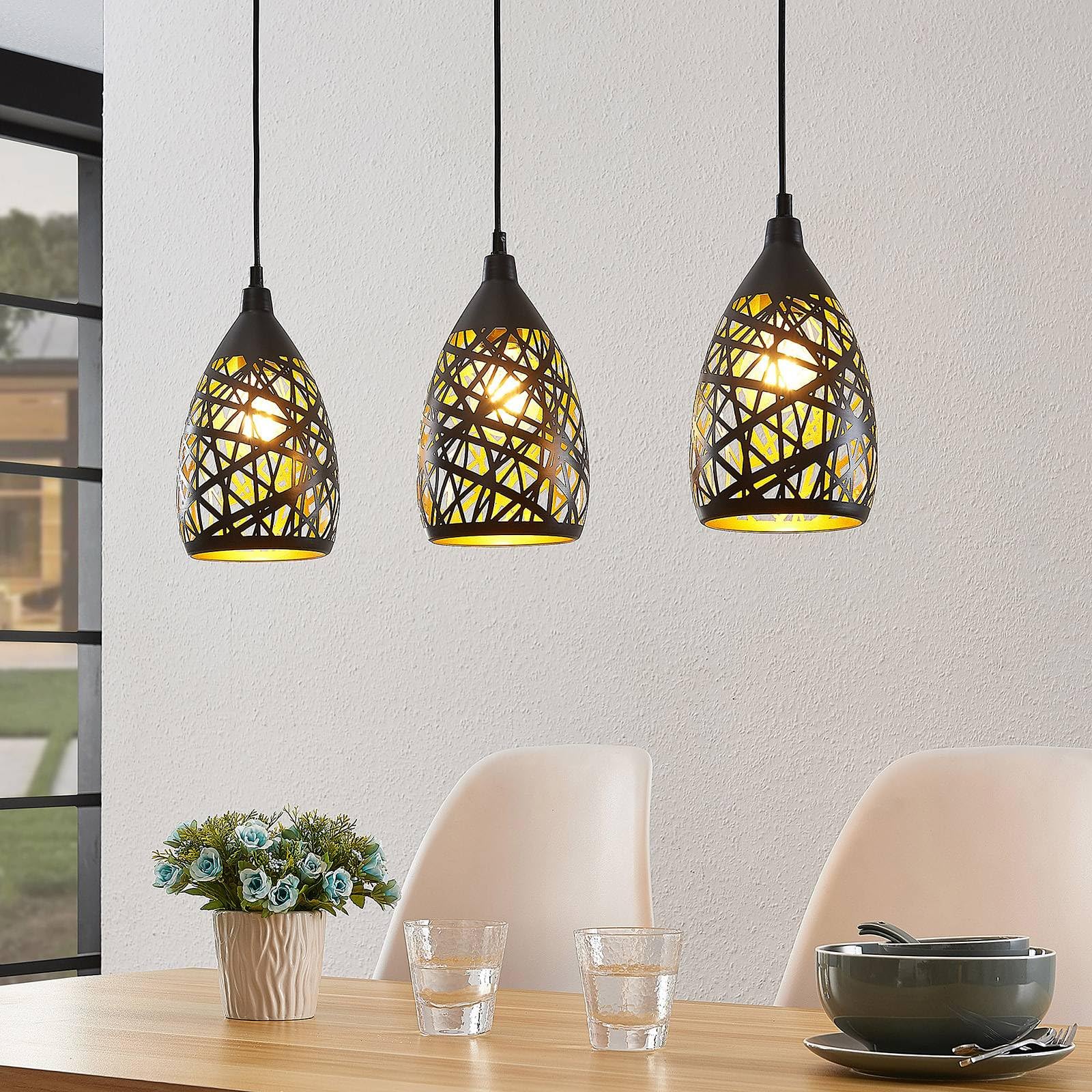 Lampada A Sospensione Lindby Flurin 3 Luci – Moderna, In Metallo Nero Con Interno Oro, Dimmerabile, Per Soggiorno E Sala Da Pranzo