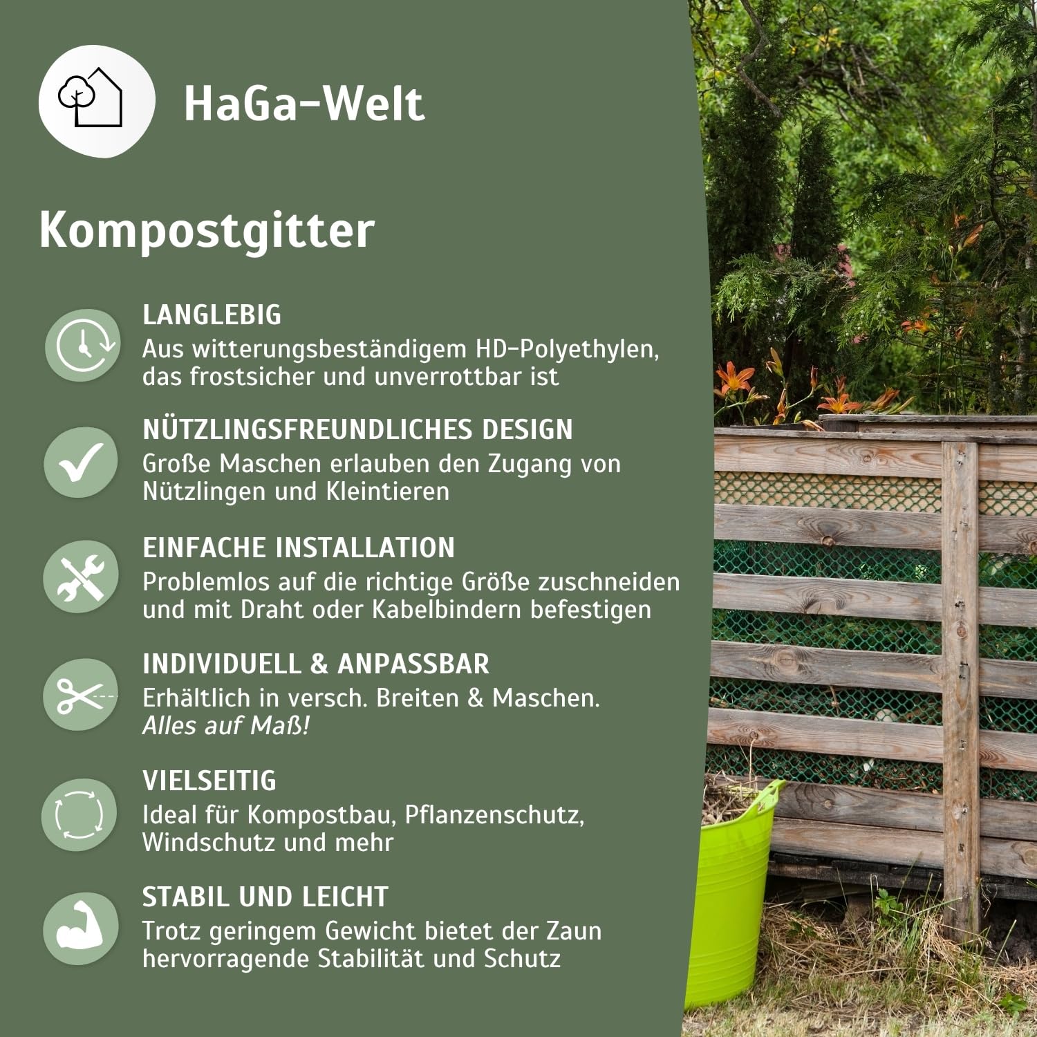 HaGa Kompostgitter 1,2m x 25m - Hochwertiger Kunststoff für Abfall & Recycling - Praktische Größe für Komposter, Schnellkomposter & Thermokomposter