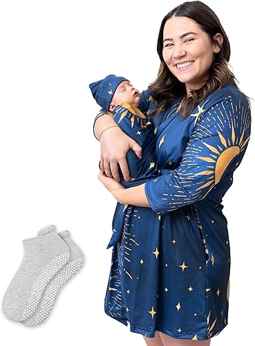 Asha Creations Conjunto de traje para mamá y recién nacido, juego de 4 piezas que incluye bata de lactancia, calcetín para mamá, manta para envolver