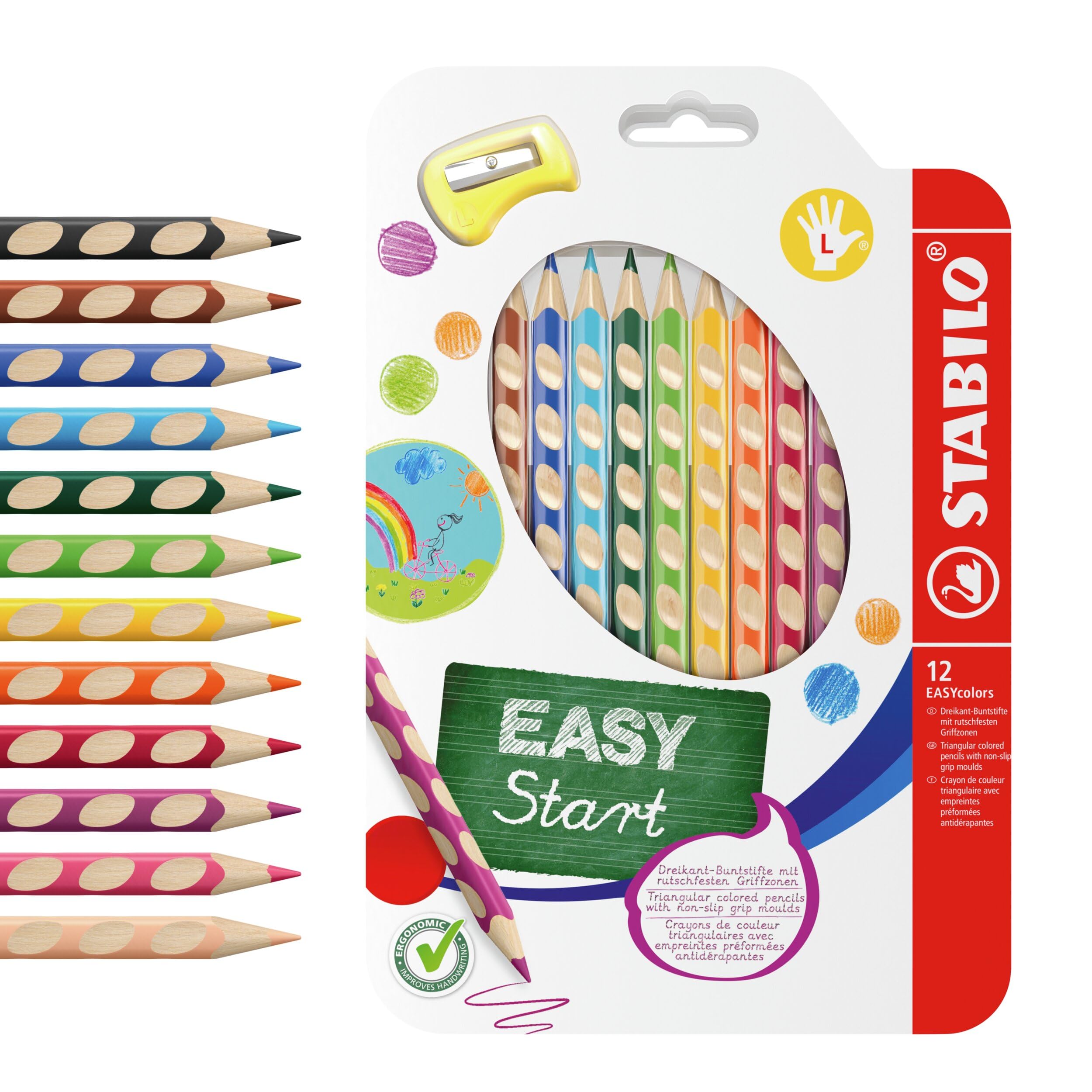 STABILO - Ergonomischer dicker Buntstift für Linkshänder - EASYcolors - 12er Pack mit Spitzer