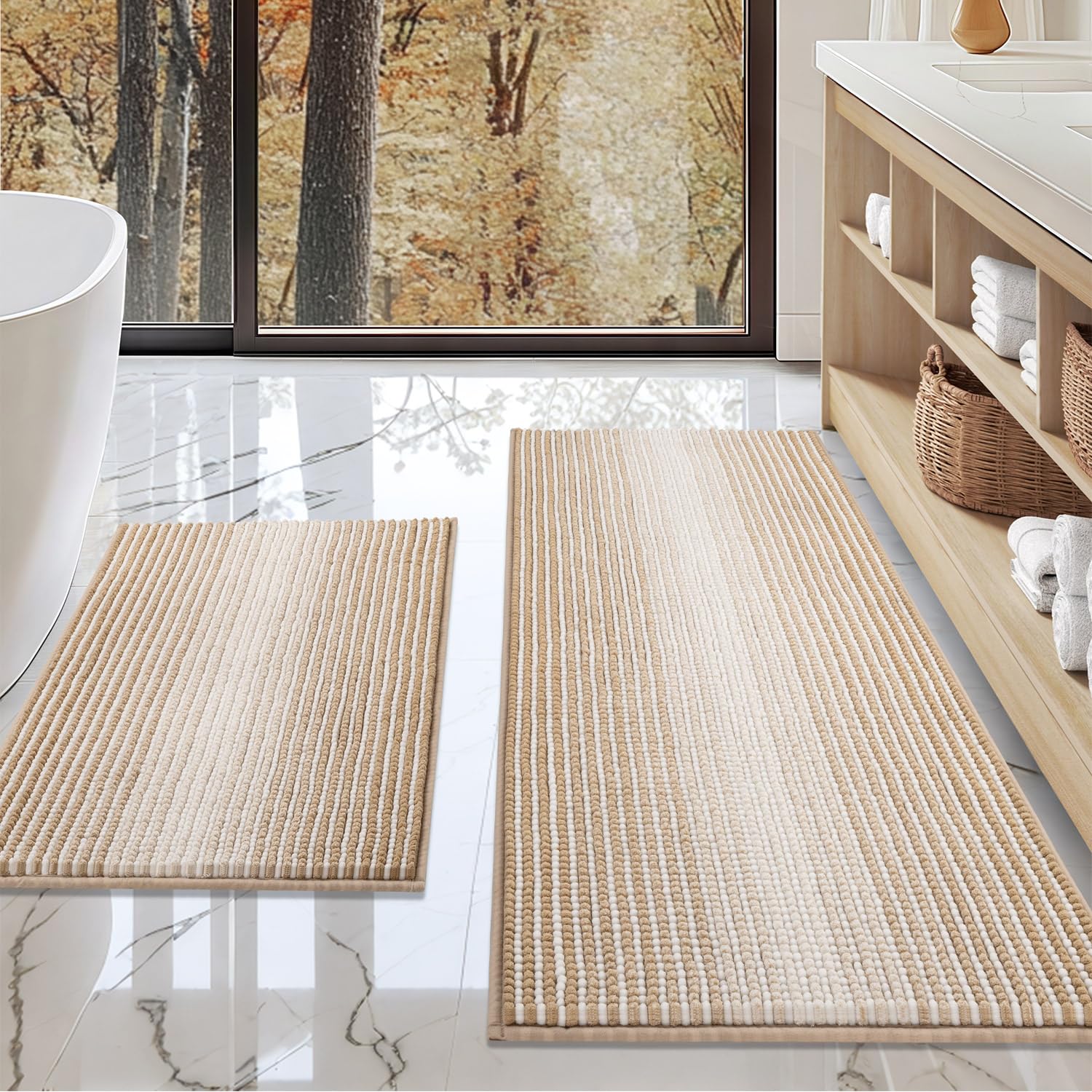 BSICPRO Bathroom Rugs Sets 2 Piece, Non Slip Boho Bath Mats, Beige | 20"x47" Plus 16"x24", Soft Absorbent Striped Chenille, Q