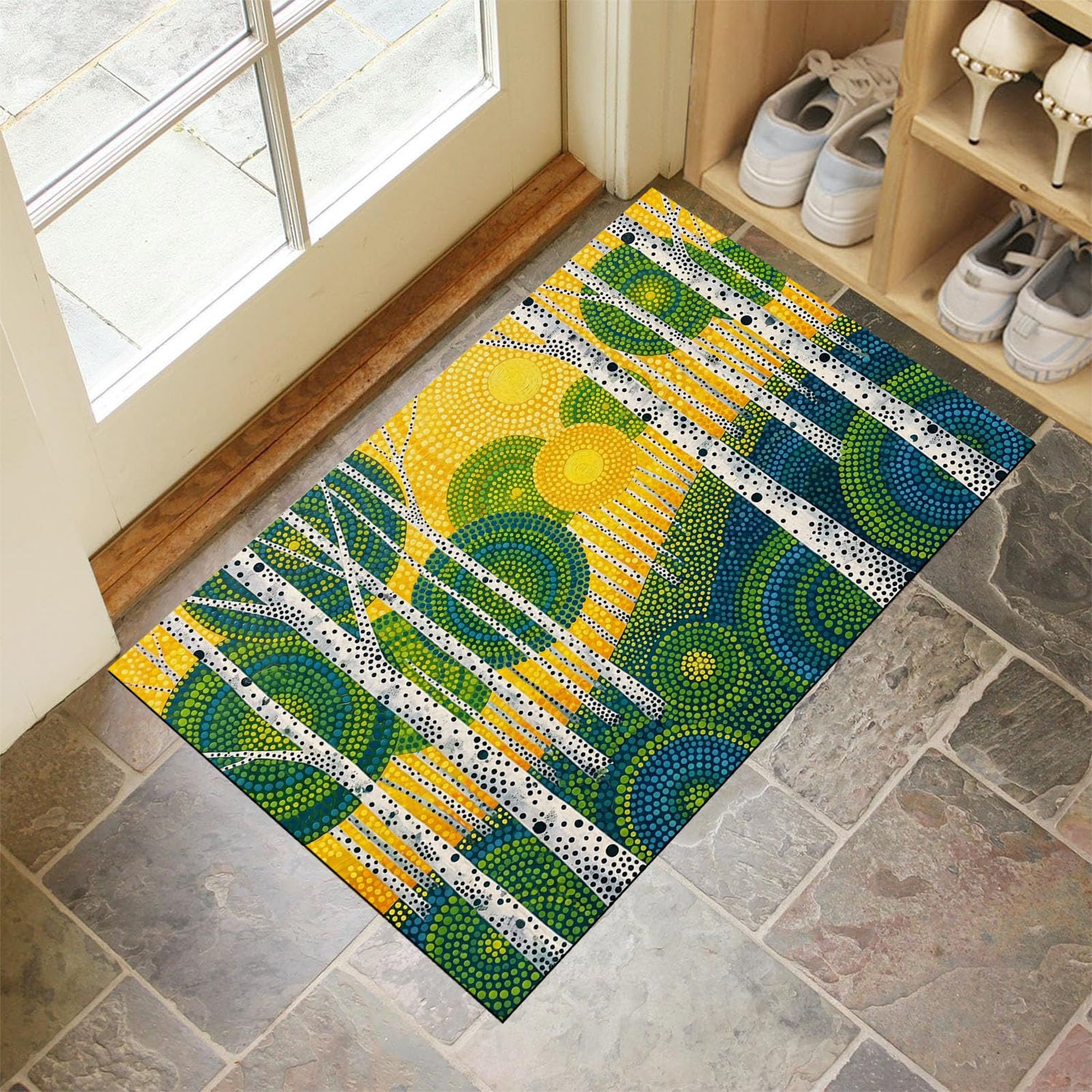 Zerbino Ingresso Interno 80X120Cm Foresta Astratta Pois Tappeto Lavabile Antiscivolo Dipinto Olio Raffigurante Betulla Passatoia Corridoio Sottile Zerbino Per Porta Di Casa Cucina Ufficio,Giallo-Verde