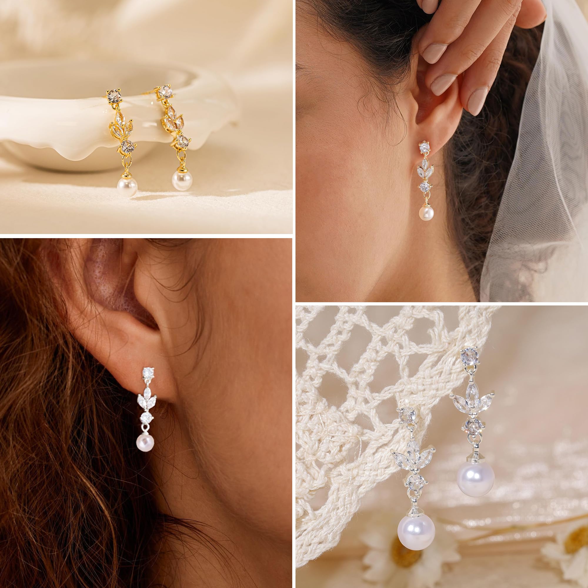 Boucles d'oreilles Femme Perle Pendantes Plaquée Or 14 Carats Hypoallergénique Longues Or Argent Boucle Doreille Zircon Perles Fantaisie Bijoux Cadeau