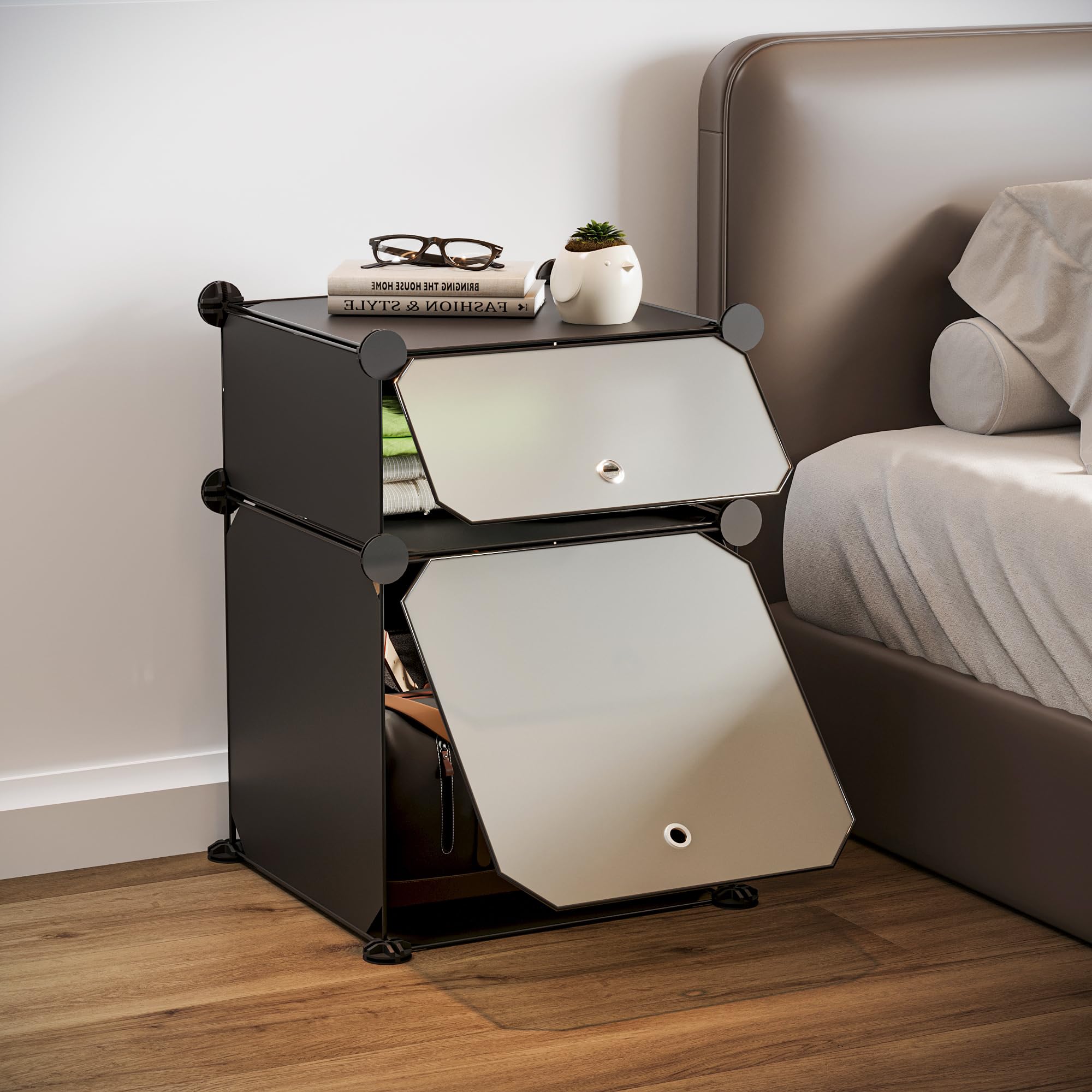 BOXJOY 2 Shelf Bedside Table with Storage for Bedroom & Living Room, Modular Plastic Side Table with Black & Clear Design, Corner Shelf Night Stand for Home Accessories & Decor Translucent Door