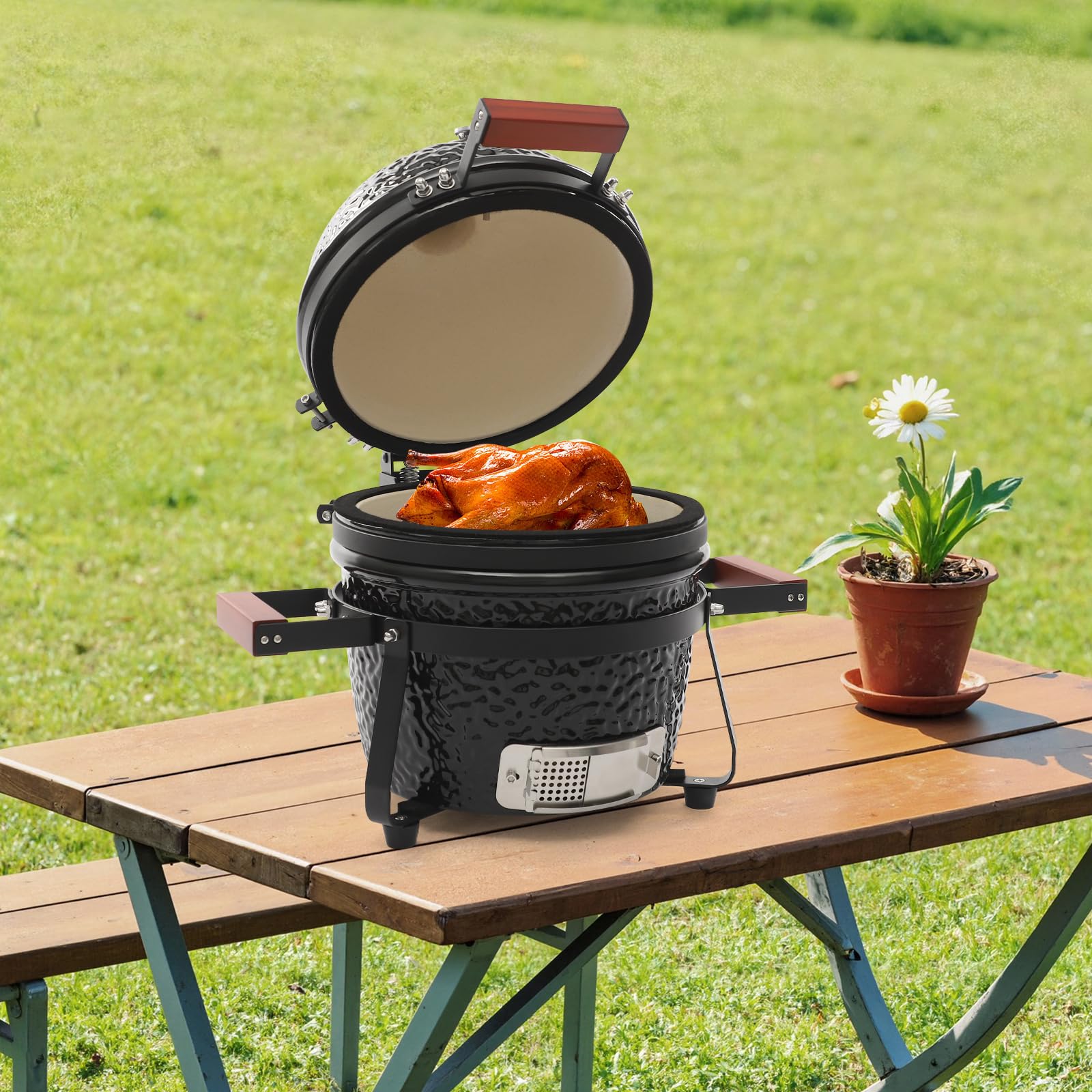 Barbacoa de carbón vegetal de 13 pulgadas Kamado Grill de cerámica para terraza, jardín, camping y picnic, color negro, para asar, ahumar y cocinar