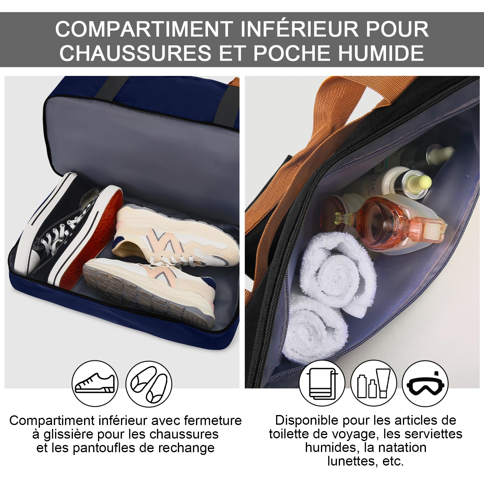 Sac de Weekend Homme Imperméable, 32,2 L, Sac de Sport de Voyage Homme Imperméable, Sacs de Week-End Grand avec Compartiment à Chaussures, Poche Humide, Sacs de Bagage pour Natation, Bleu