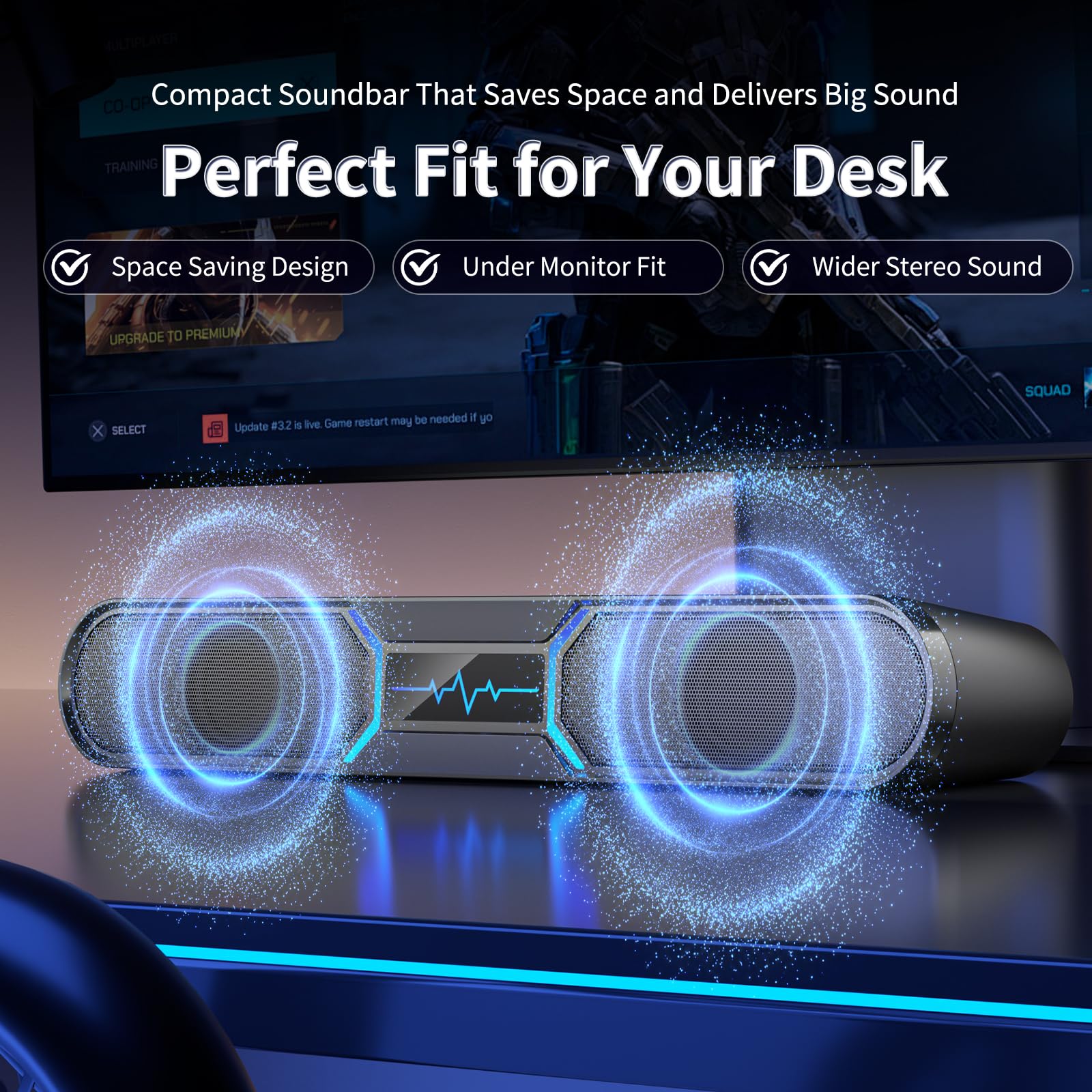 Altoparlanti per computer per PC desktop, soundbar Bluetooth per PC con doppio bass reflex per monitor, altoparlanti da gioco RGB alimentati tramite USB con ingresso cablato, suono stereo per laptop