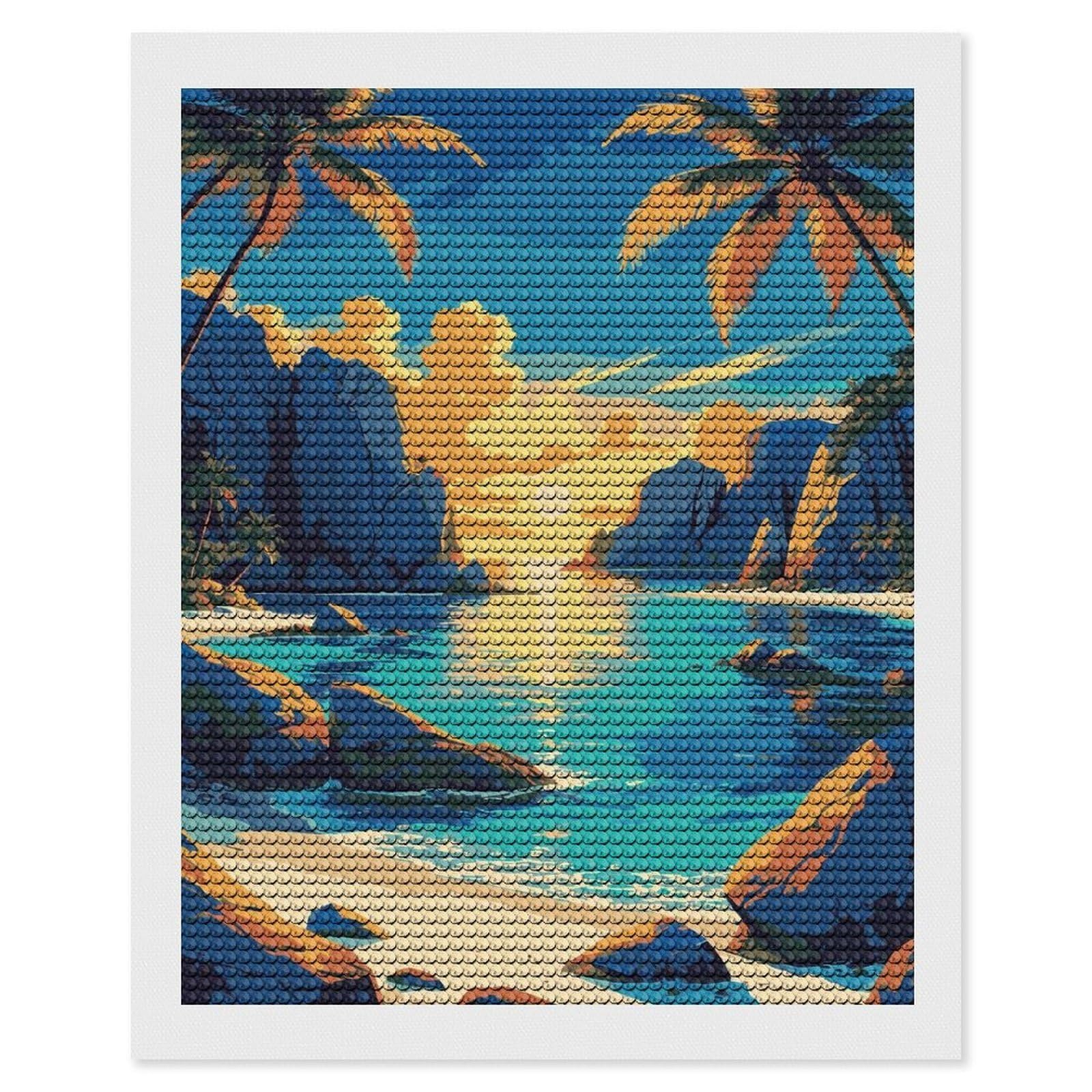Junmoney Tropical Beach Sunset Illustration DIY Diamond Art Canvas Kit 16"x20", Adhesive Canvas, Easy to Enjoy, Farmhouse Decor, Festive Craft Gift