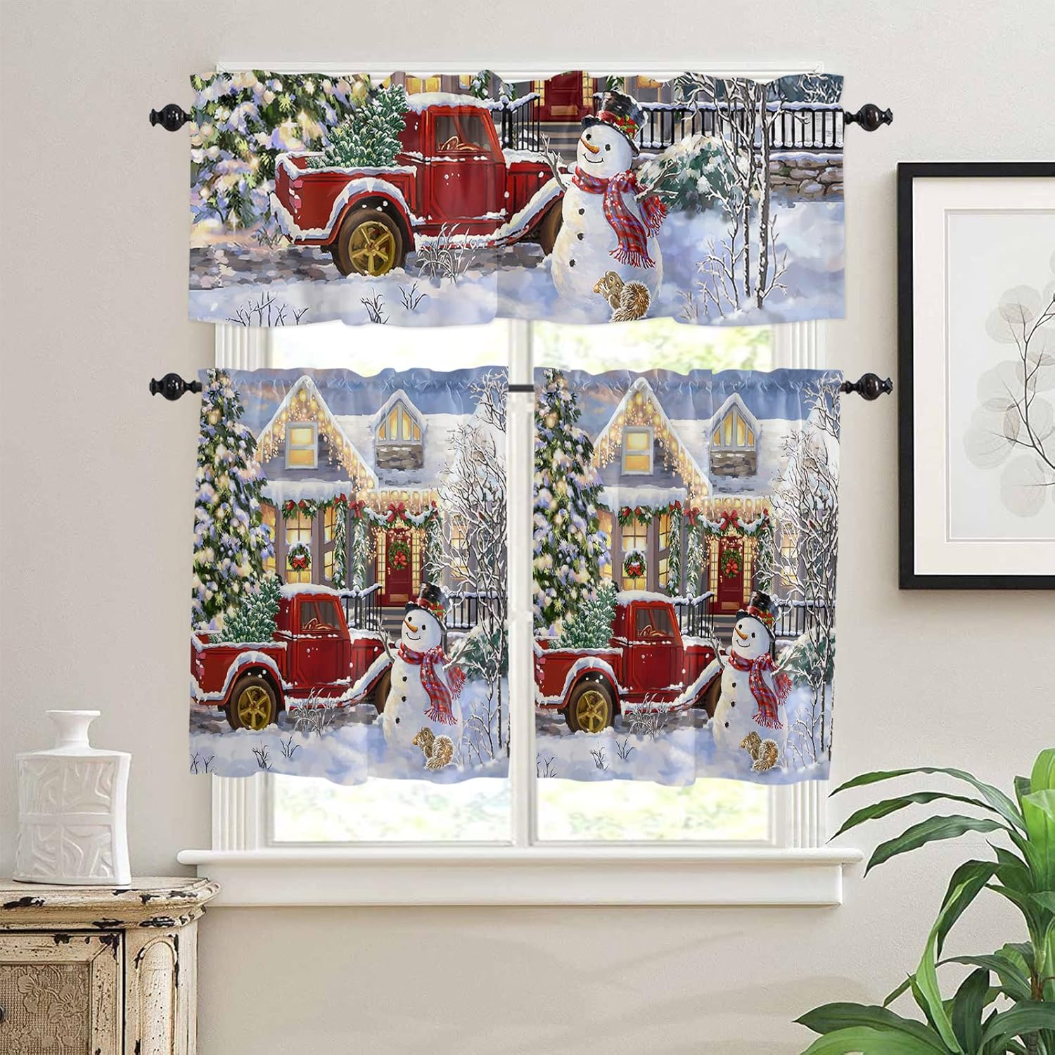 Christmas Snowman Kitchen Curtains Set Small Half 36 Inches Length, Xmas Tree Snowflake Tier and Valance Set, Red Truck Curtain Window Treatment Draperies for Cafe Bathroom Bedroom