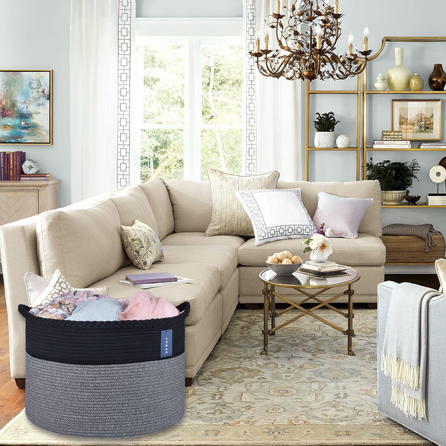 COMSE 2 Pack Large Laundry Baskets, Large Blanket Baskets, Laundry Hampers, Cotton Rope Baskets, Toy Baskets, Clothes Baskets, 21.7”x 13.8”, Black/Gray and White/Gray