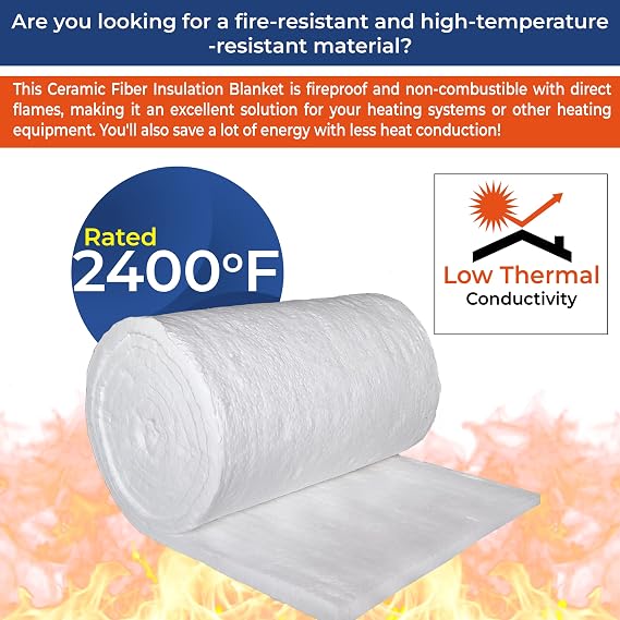 SIMOND STORE Ceramic Fiber Insulation Blanket, 1 x 24 x 96, 8# Density 2400F, Fireproof Insulation Blanket for Furnace Forge Kiln Chimney Stove Fireplace Pizza Oven Boiler Dishwasher, and More