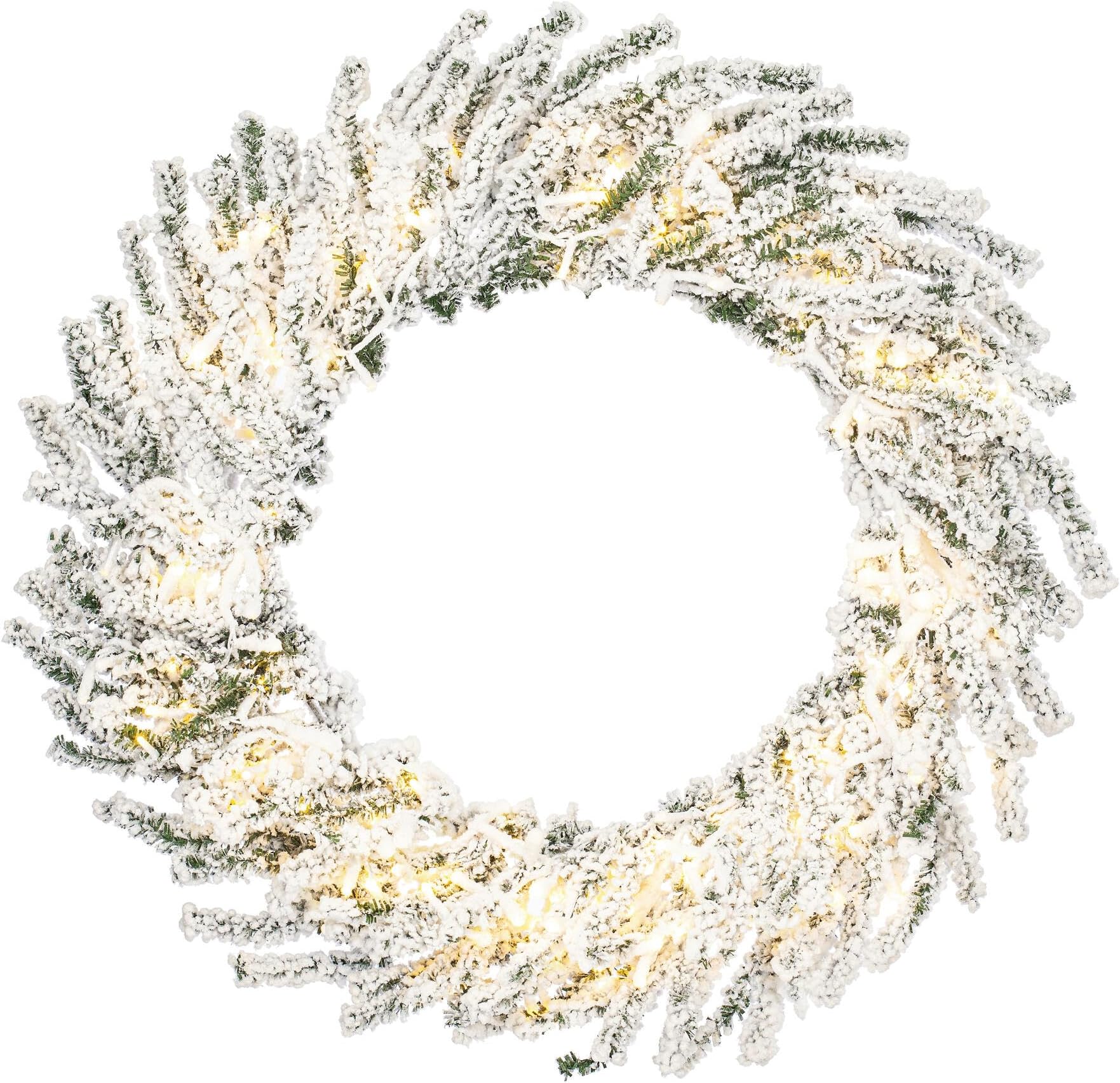 Vickerman 30" Flocked Pistol Pre-Lit Pine Wreath - Warm White 3mm Low Voltage LED Wide Angle Lights - 220 PVC Tips - Snowy Wreath - Christmas Wreath for Front Door - Prelit Wreath