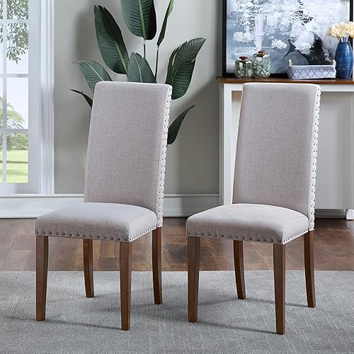 Miniatura 5 de Juego de 2 sillas de comedor de tela tapizadas con 4 patas de madera y marco de madera dura, sillas de comedor sin brazos, modernas uñas de cobre,