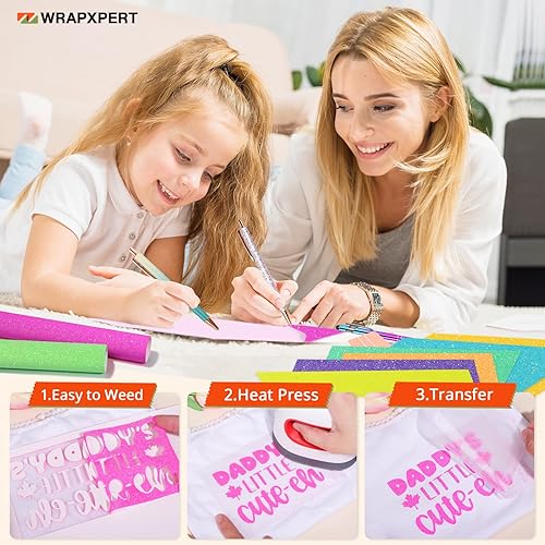 Miniatura 47 de WRAPXPERT Rollo de vinilo de transferencia de calor HTV con purpurina de cobre, vinilos HTV holográficos con purpurina, vinilo para planchar