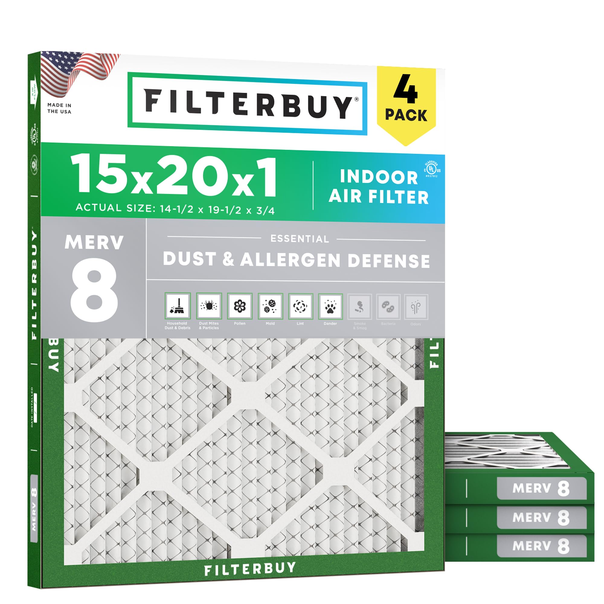 Filterbuy 15x20x1 Air Filter MERV 8 Dust & Allergy Defense (4-Pack) | Electrostatic Pleated HVAC AC Furnace Filters Replacement, Made in USA (Actual Size: 14.50 x 19.50 x 0.75)