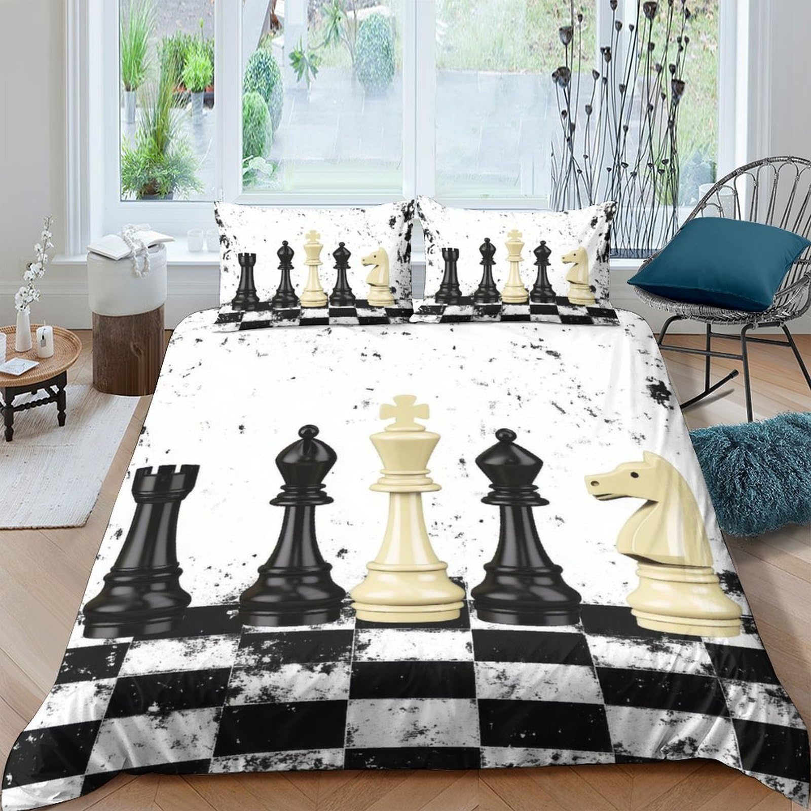 Ctjqhvkz Style-10 3D Printed Chess Board Fitted Sheet Microfiber Black White Chess Pieces Mattress Cover Bedroom Living Room Decor Single（135X200cm）