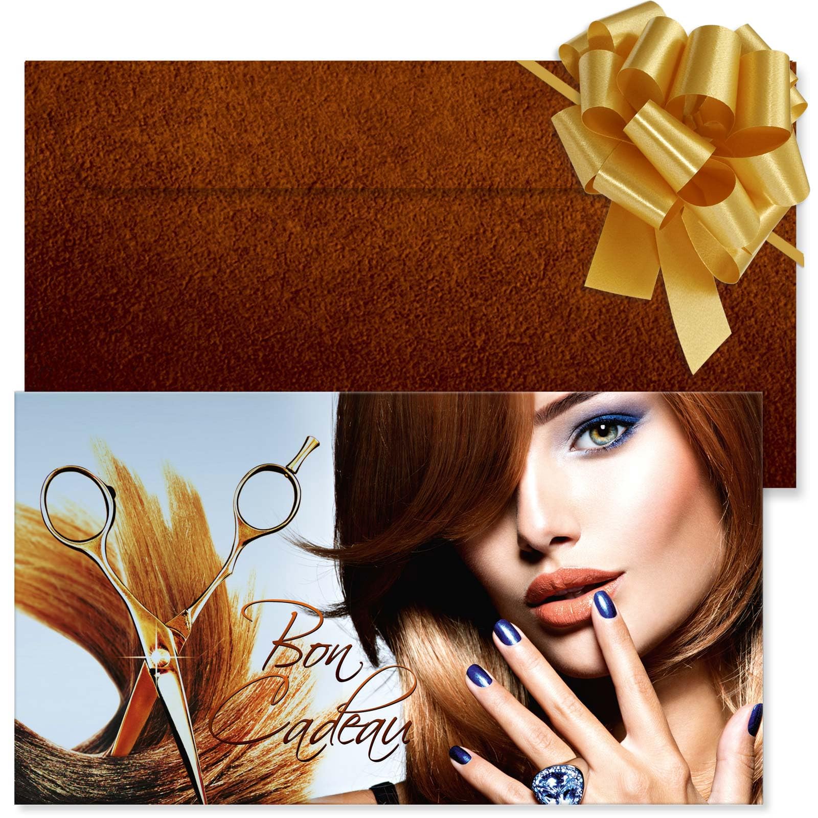 POS BON - 100 bons cadeaux à remplir avec enveloppe/nœud ruban - formulaires imprimés pour des salons de coiffure K1298F2-100-V1