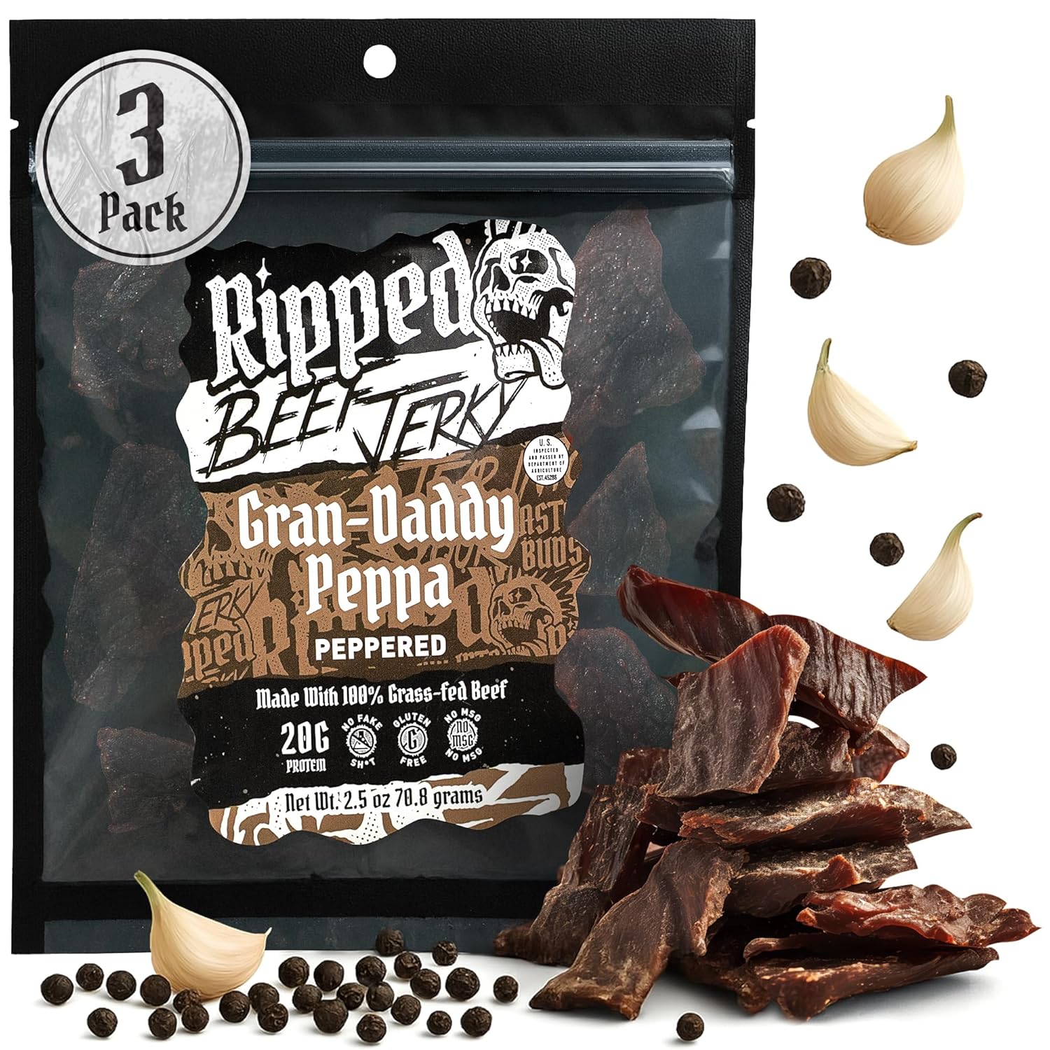 Ripped Beef Jerky - 100% Grass Fed Beef, 20g Protein, Real Ingredients, Gluten Free, No MSG, Made in USA (Pack of 3, Peppered)