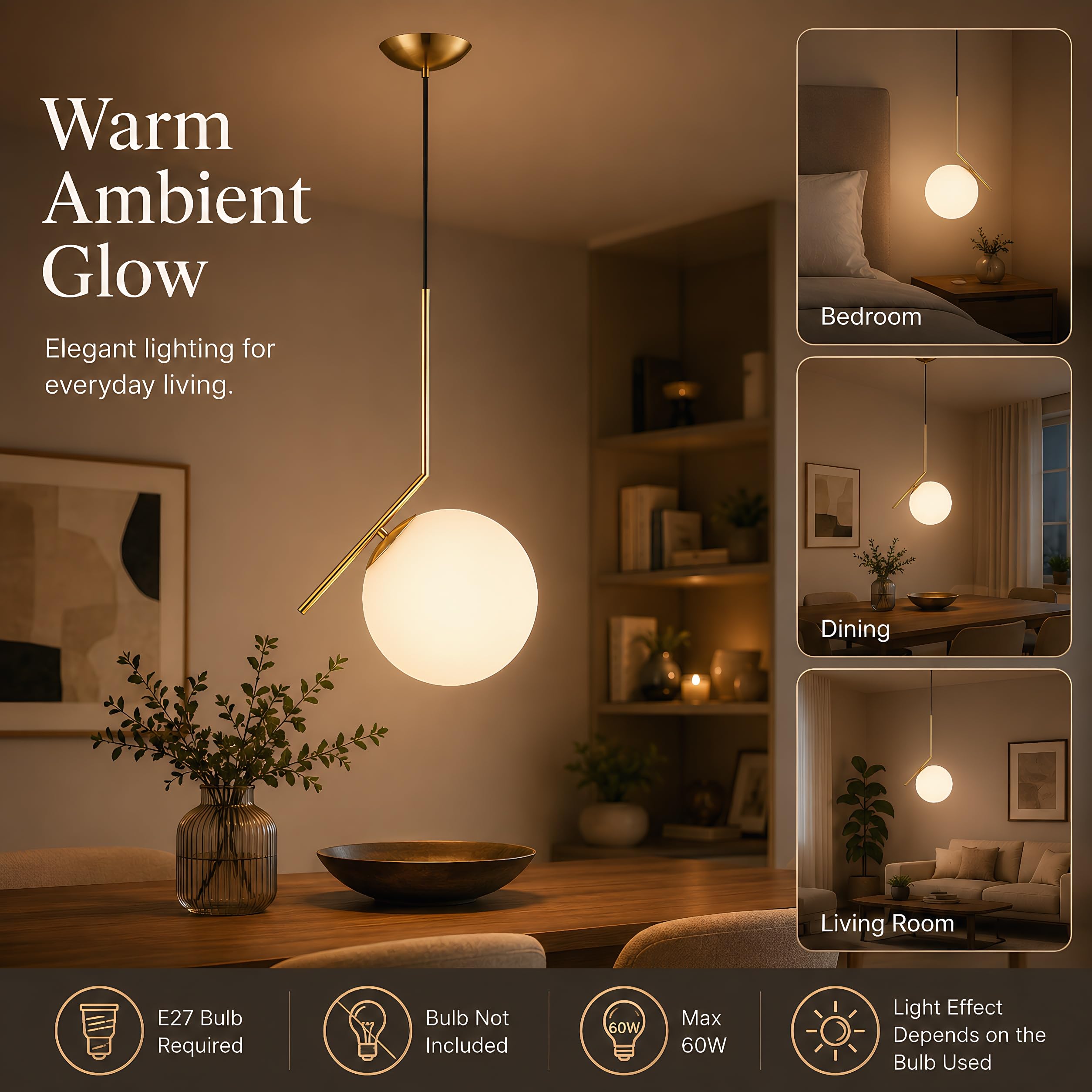 Lámpara colgante asimétrica de vidrio, Lámpara colgante E27, Globo de vidrio opalino, Barra de hierro Dorado, Cable ajustable 120cm para isla de cocina, comedor, dormitorio, cafetería (20CM)