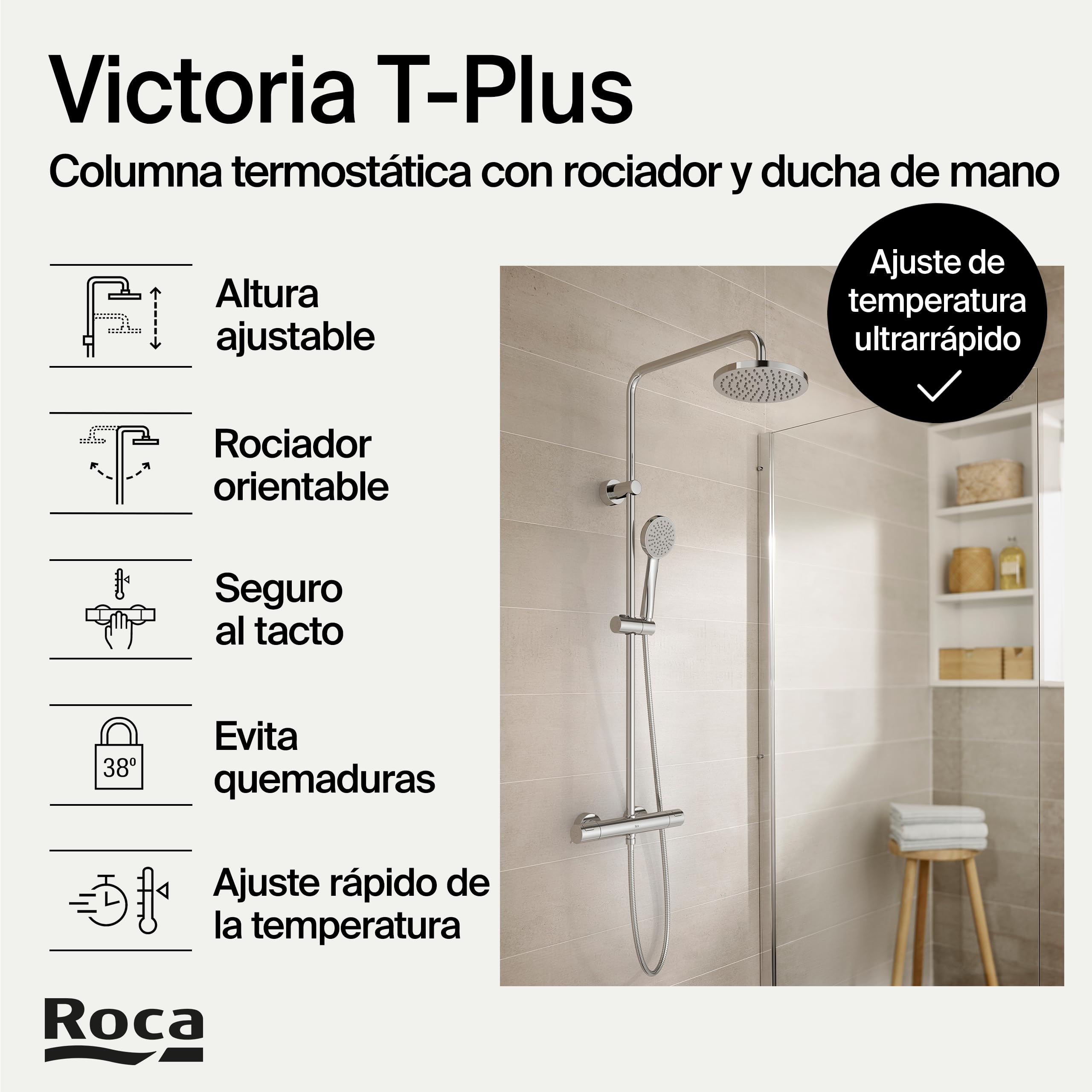 Roca,Victoria (col),PLUS - Columna de ducha termostática con altura regulable,,385mm x 73mm x 835mm,A5A2F18C00