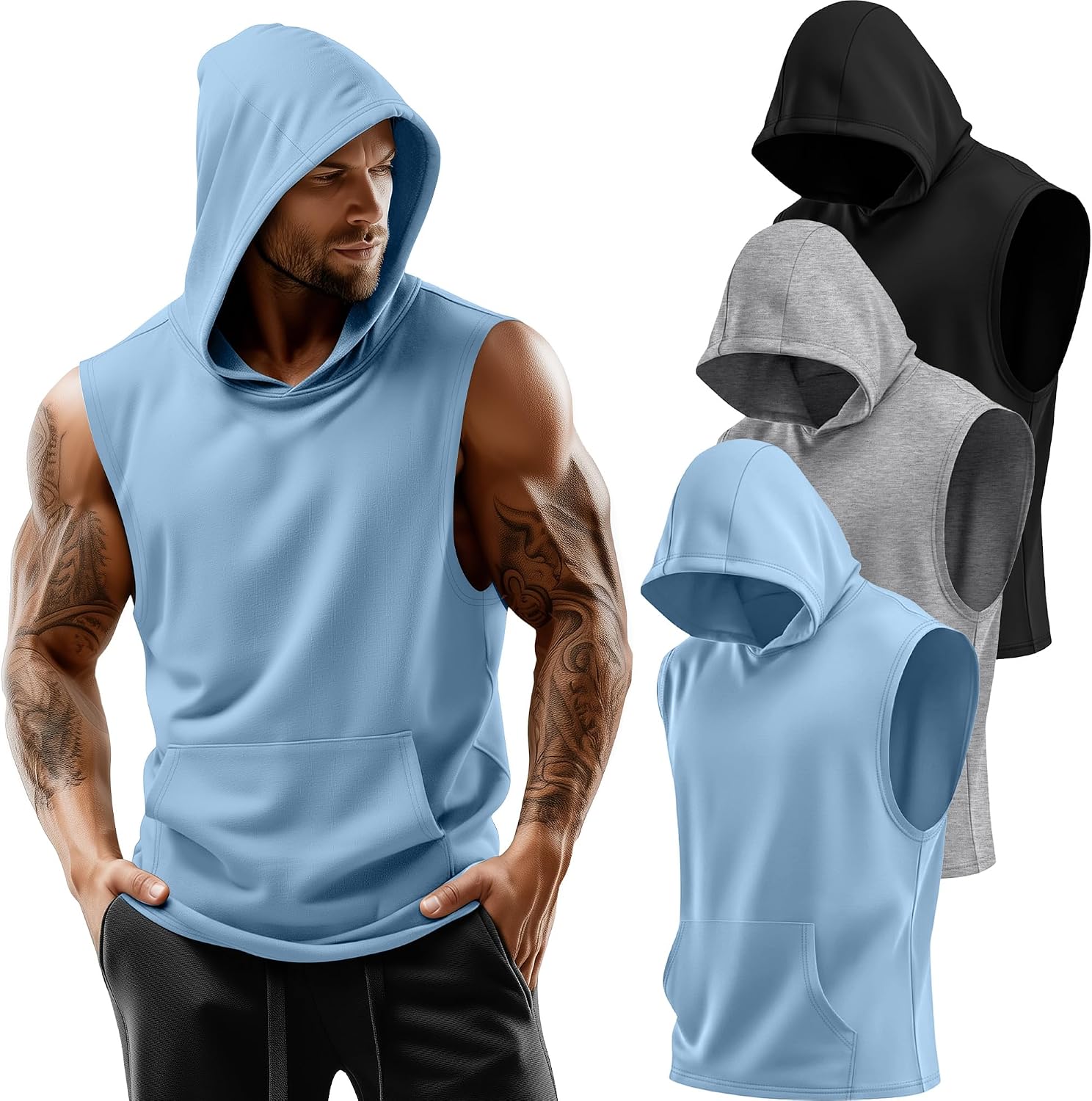3 Pack Men's Workout Hooded Tank Tops Sleeveless Gym Hoodies Muscle Bodybuilding Cut Off Shirts