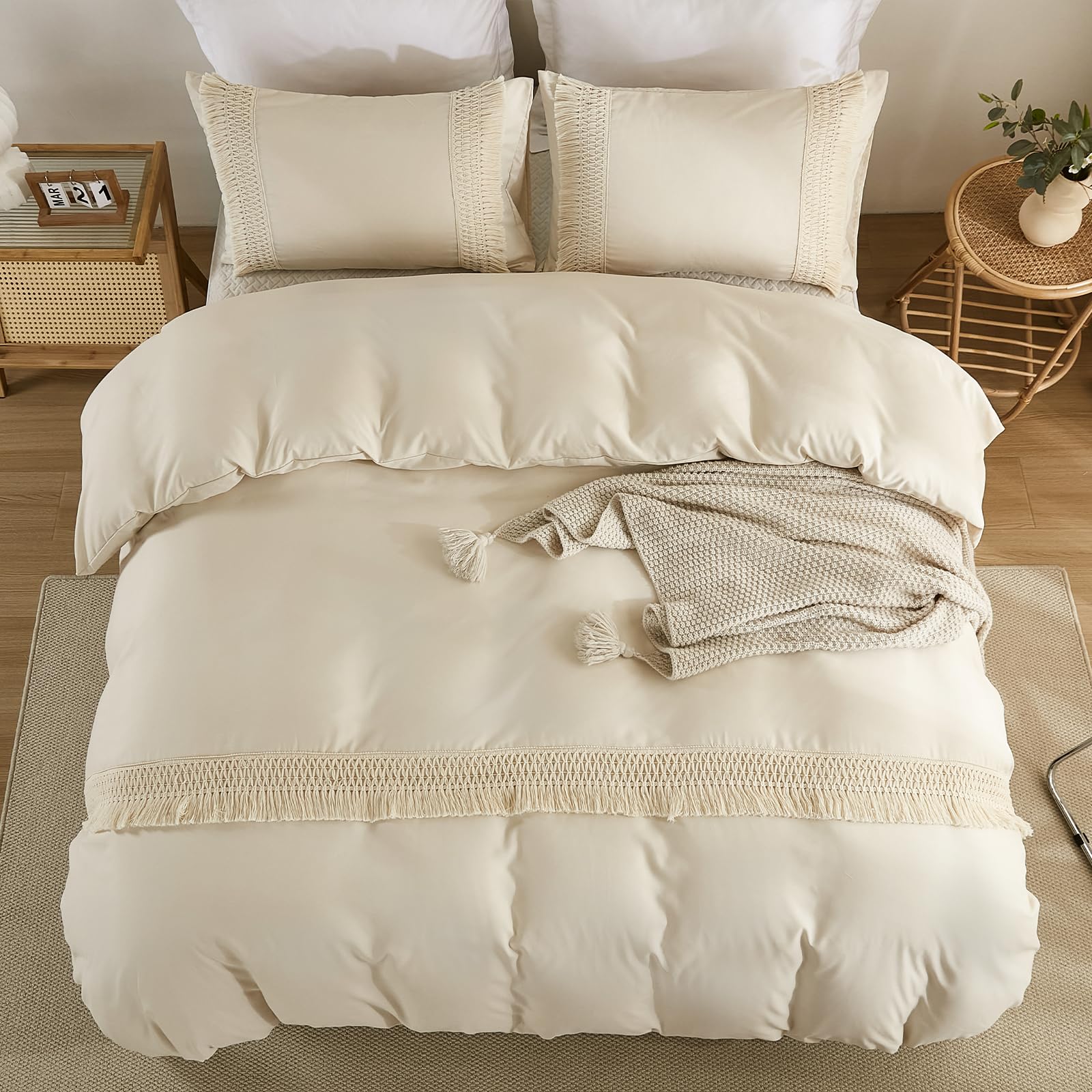 WONGS BEDDING King Size Duvet Cover Sets Tassels Bohemian Beige Bedding Set 3PCS with 2 Pillowcases Cozy Soft Microfiber Zipper Closure Boho King Size Bedding Sets for All Season (220x230cm) - Image 3