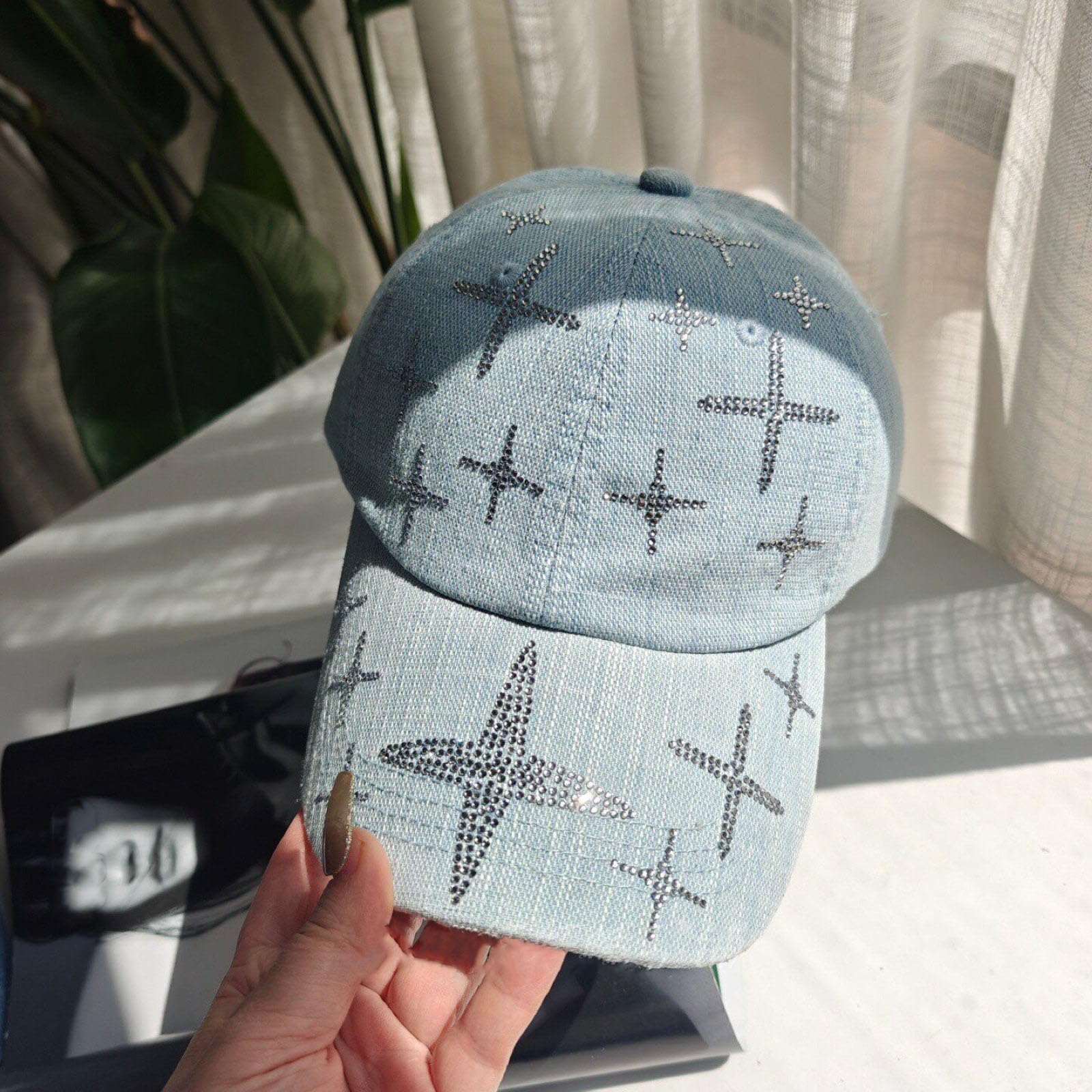 Cappellino Da Baseball Con Strass Da Donna Moda Casual Per Esterni Protezione Solare Scintillante Regolabile in Denim