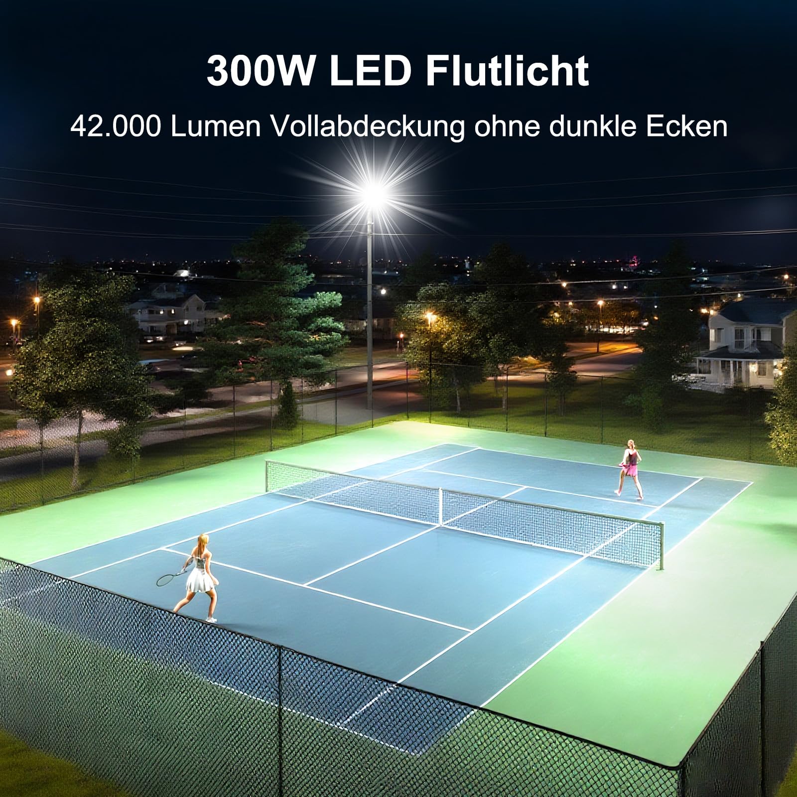 300W LED Strahler Außen mit Verteilerdose, 42000LM Flutlicht Superhell LED Fluter, Kaltweiß 6500K 230V Scheinwerfer IP67 Wasserdicht Außenstrahler für Sportplatz Parkplatz Beleuchtung