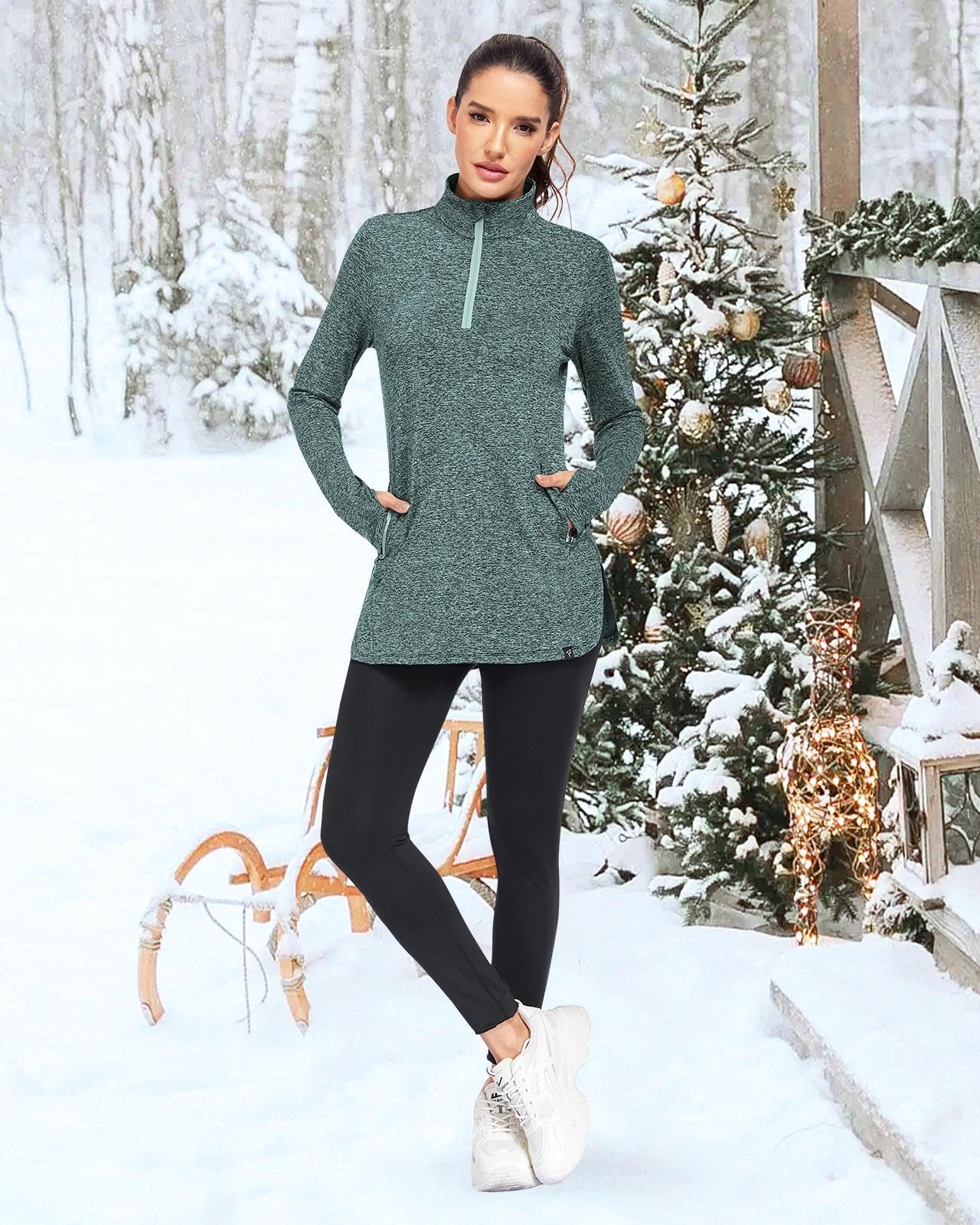 Soneven Damski sweter polarowy, stójka, tunika, z zamkiem 1/4, termiczna bluza z długim rękawem, długa górna część, ciepły sweter, na jesień i zimę