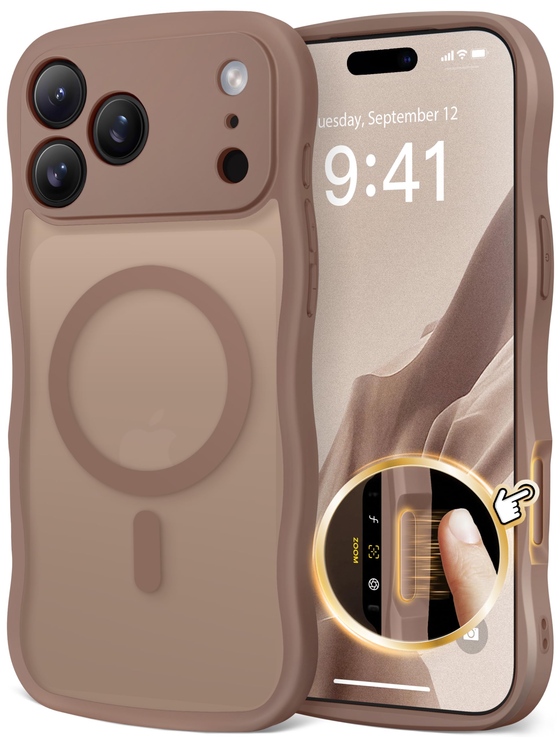 CAPRARO Magnetic for iPhone 17 Pro Case for Women Girls, Upgraded [Full Camera Protection] [Compatible with MagSafe] Cute Wave Translucent Matte Phone Case for iPhone 17 Pro, Brown