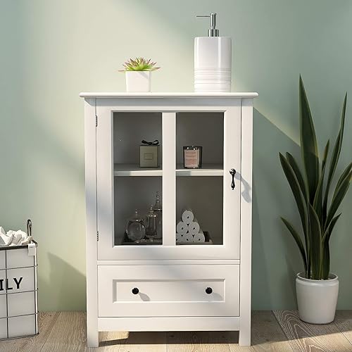 Miniatura 8 de RASOO Armario de bufé blanco moderno con 2 puertas de cristal estante ajustable y 5 cajones gabinete de almacenamiento de cocina de granja para