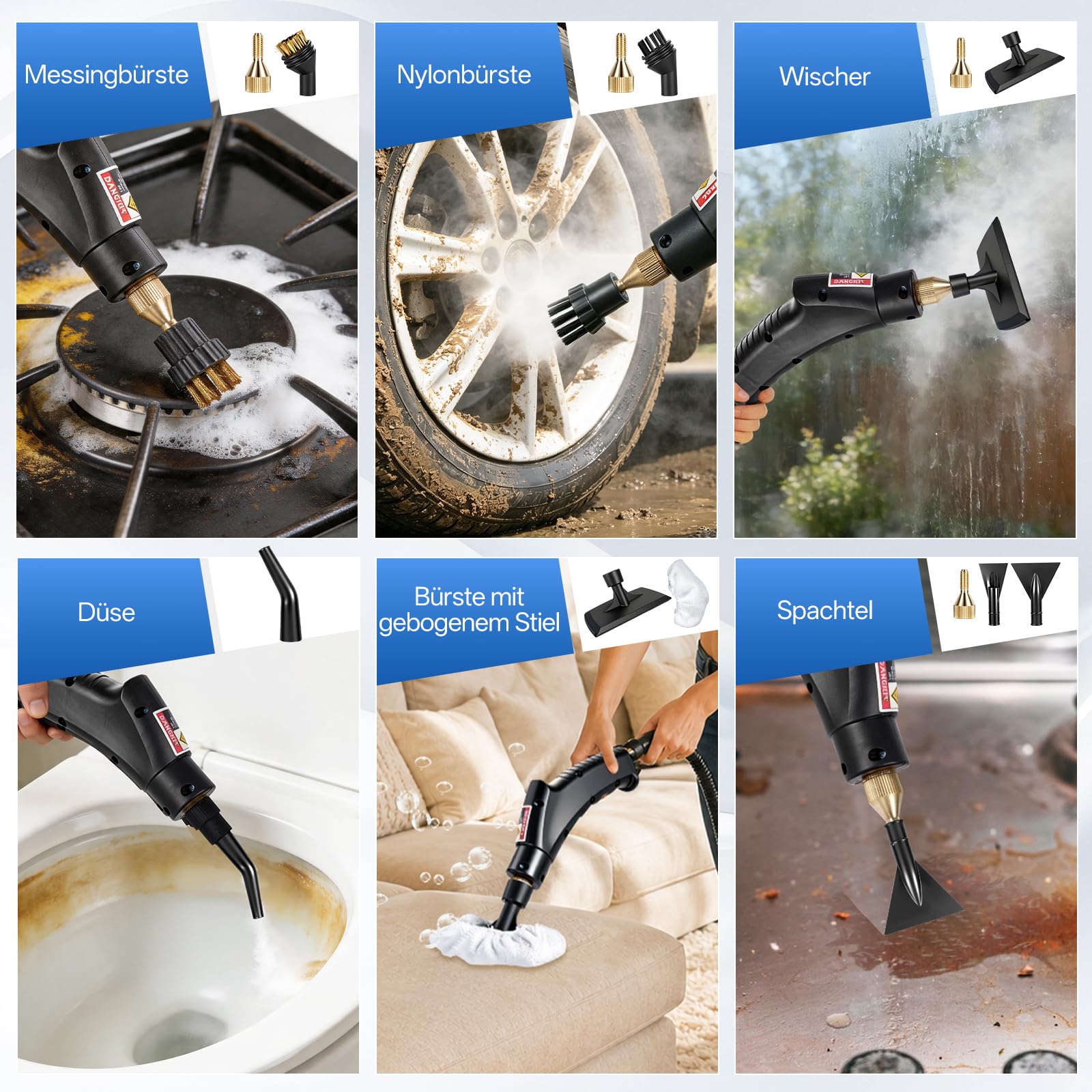 Dampfreiniger Handgerät, 1600W Handdampfreiniger mit 1.4L Tank Handdampfreiniger, Dampfdruck 3 Bar, Aufheizzeit: 15 s, für Bodendampfer, Ofen, Teppich, Sofa, Polster, Bettwanzen, Auto