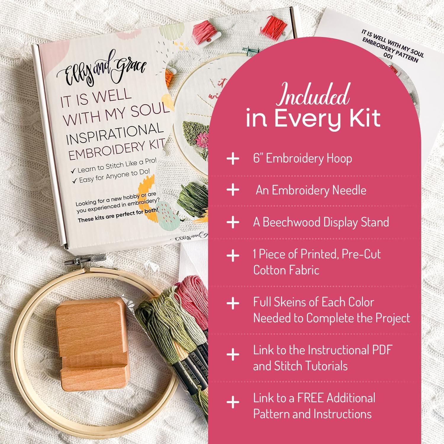Elly & Grace Christian Embroidery Kit with Embroidery Hoop, Easy Embroidery Kit for Beginners and Adults, Full Embroidery Hoop Kit with Needles and Thread Included (It is Well)