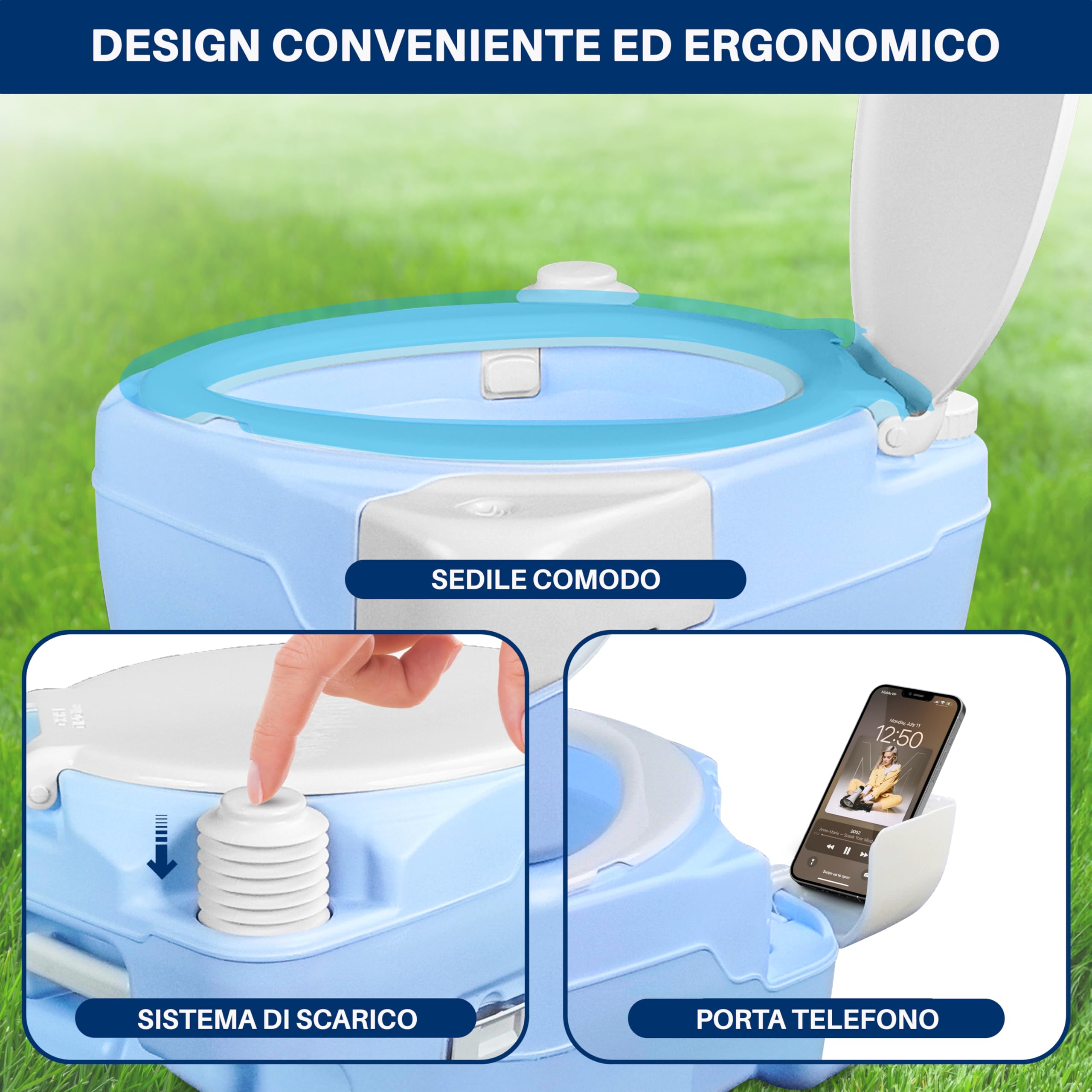 SereneLife WC Portatile da Campeggio e Escursioni 20 Litri, 120 Scarichi, Impermeabile, WC da Viaggio in PE Resistente, Serbatoio Rimovibile, Spruzzatore e Porta Telefono