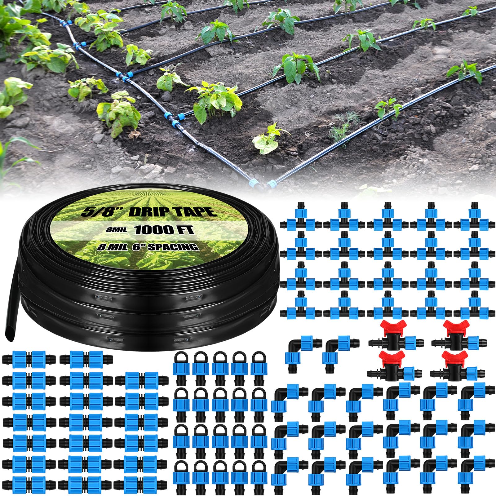 Tondiamo 1000 ft 5/8 Inch Drip Tape Irrigation Tubing Kit 8 Mil 6' Spacing