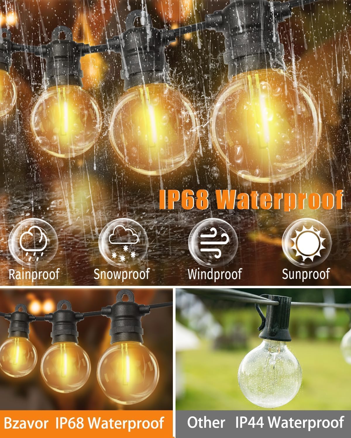 lP68 Cadena de luces LED para exteriores, bombillas G40, plástico ABS, cadena de luces para exteriores, solar, resistente al agua, para romántico, jardín, balcón (24 V, 20 m, 33 bombillas)