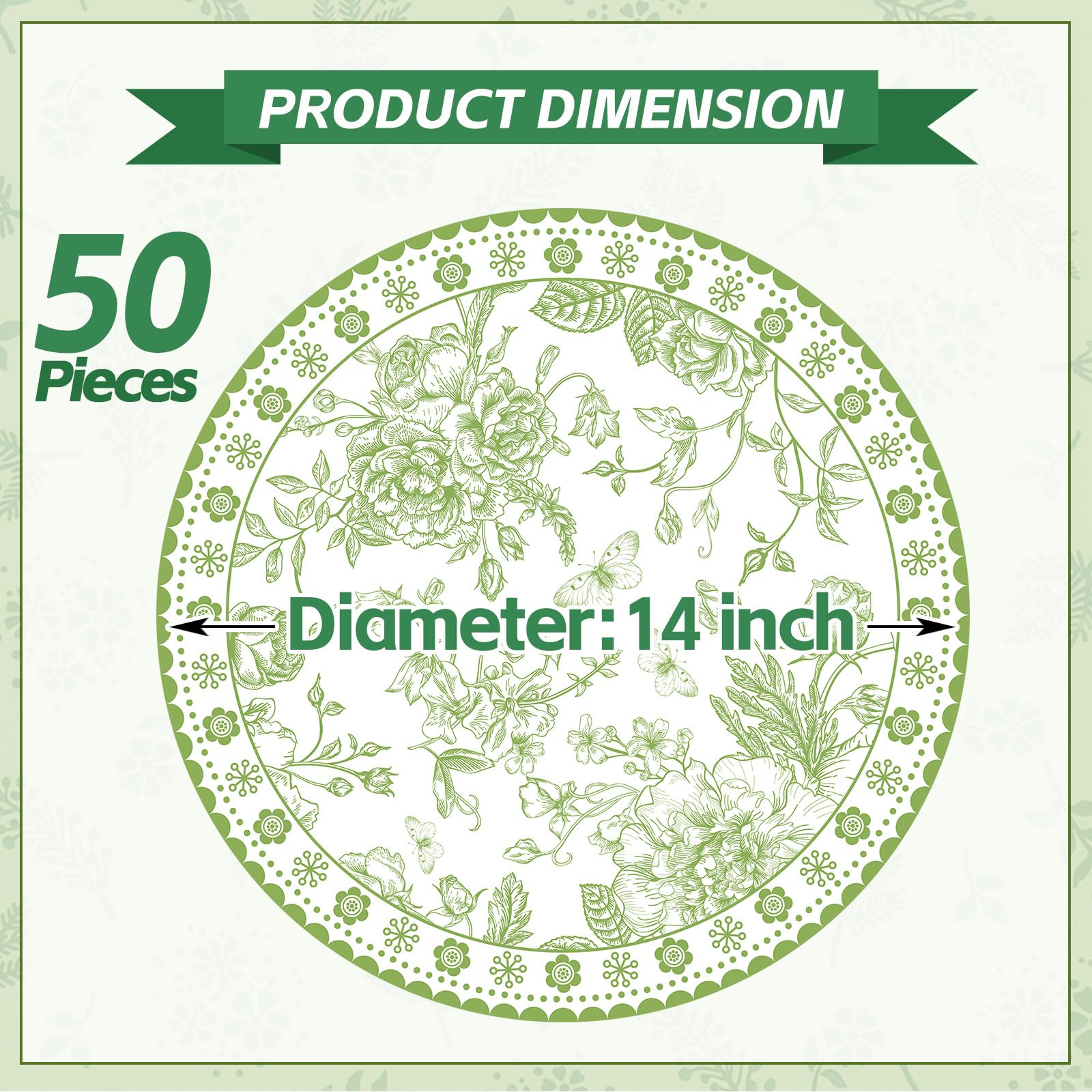 50 manteles individuales de papel floral verde de 14 pulgadas, manteles individuales redondos de chinoiserie con flores, desechables, decorativos, para mesa de comedor, banquetes, suministros de