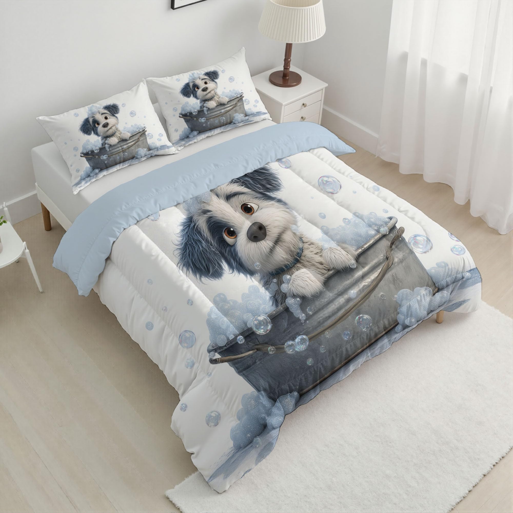Trapunta Letto Matrimoniale 4 Stagioni Piumone per Bambini, Vasca Bagno Cane Carino Leggero Cartoni Animati Animali Set di Biancheria da Letto 200x200cm con 2 Federe,Piumino Lavabile In Lavatrice