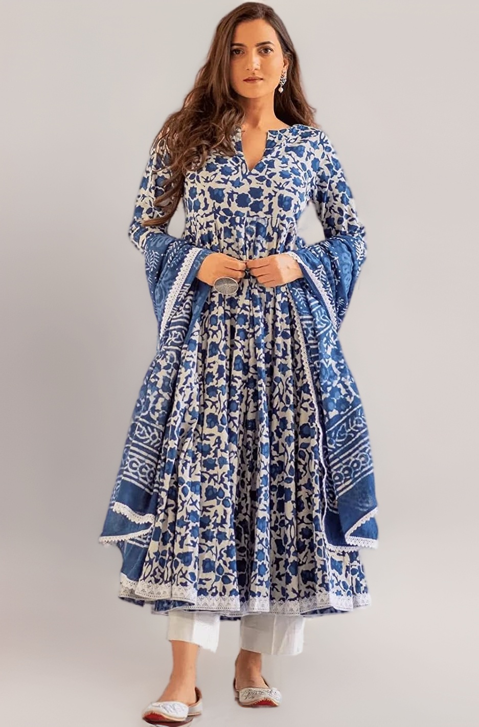 MEERA FAB Women's Cotton Printed Anarkali Kurta with Palazzo & Dupatta Set
