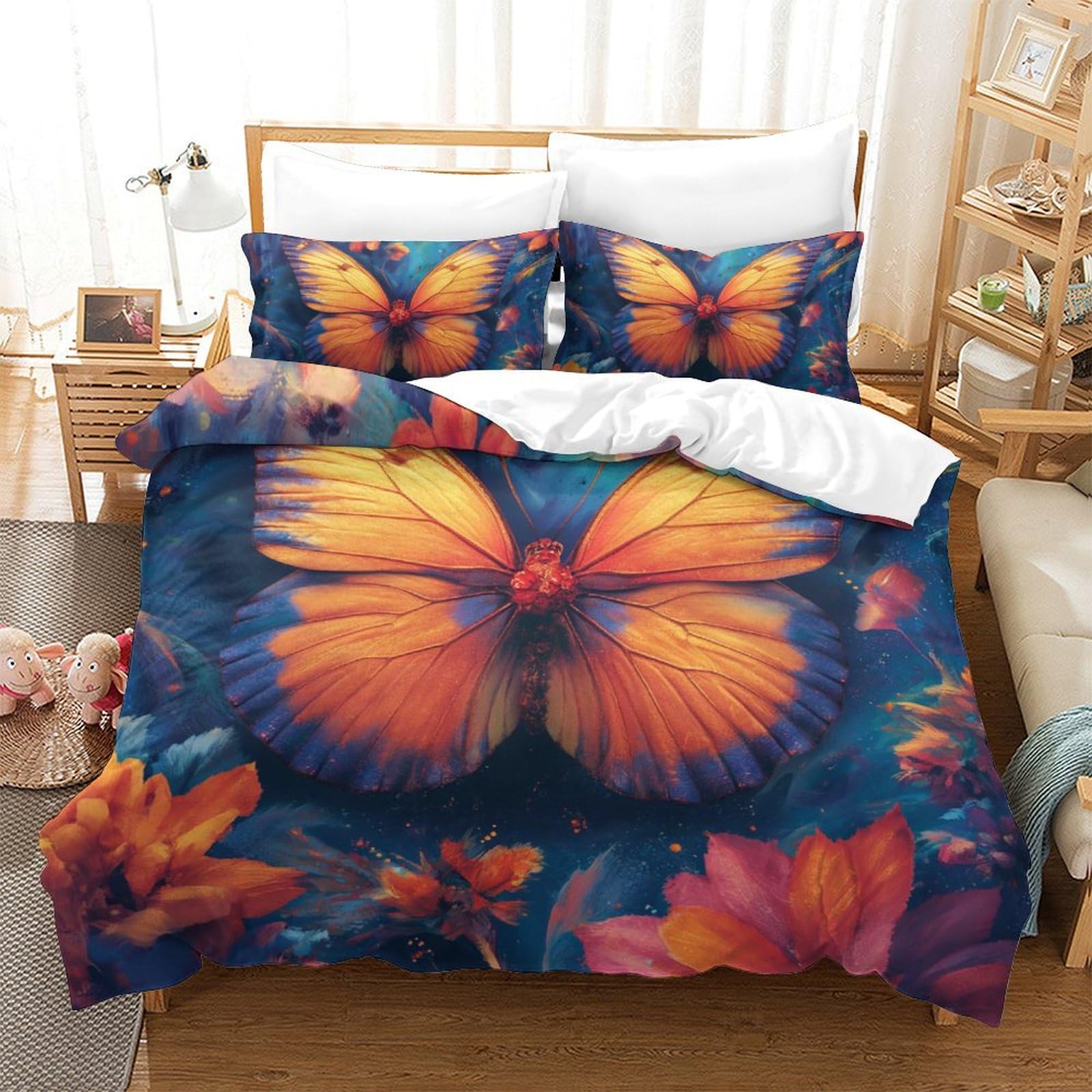 Parure de lit papillons imprimé 3D avec housse de couette microfibre fermeture éclair