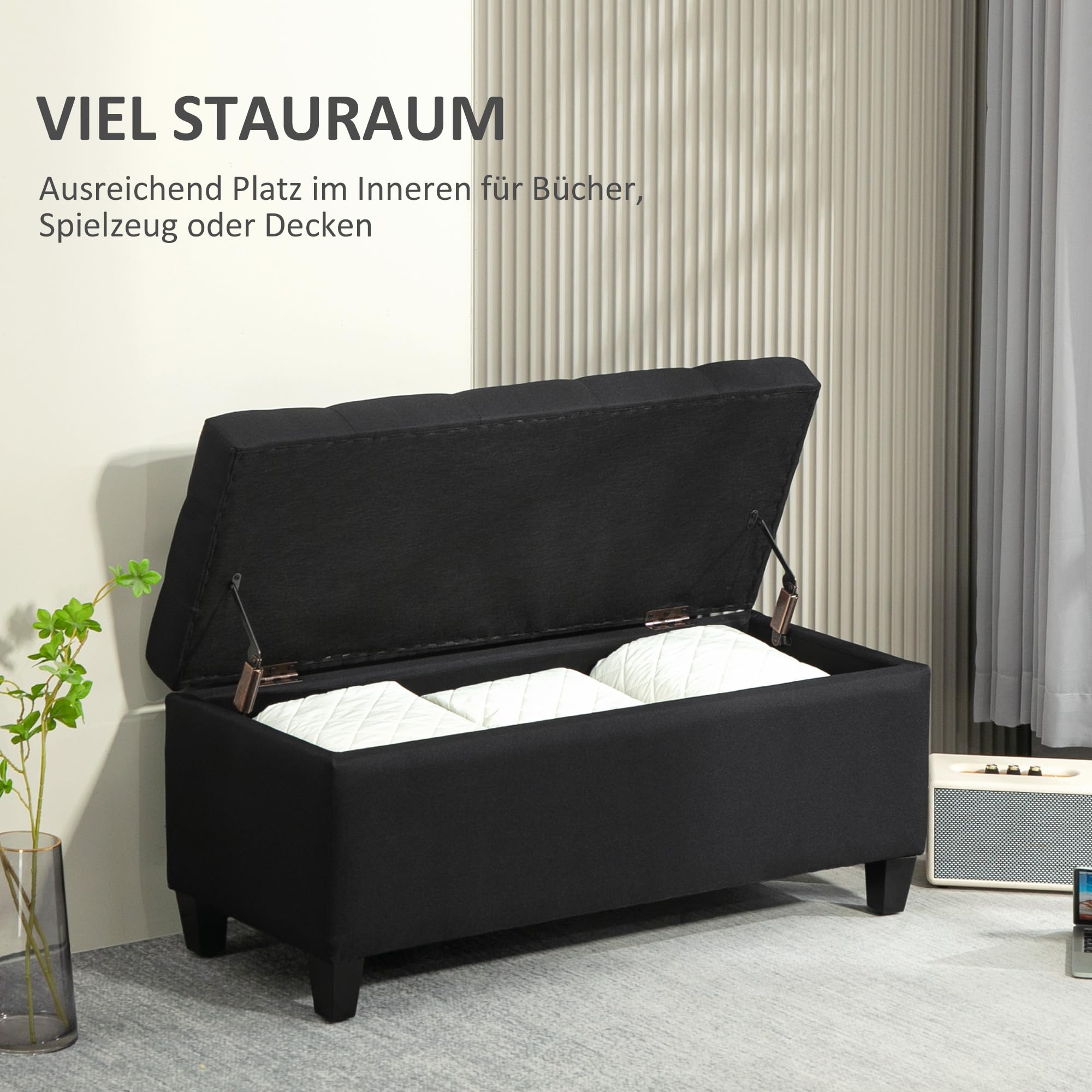 HOMCOM Sitzbank mit Stauraum Polsterbank mit Leinenoptik, Sitztruhe mit Holzbeine, Truhenbank für Wohnzimmer Schlafzimmer Flur 100 x 40 x 44 cm Schwarz