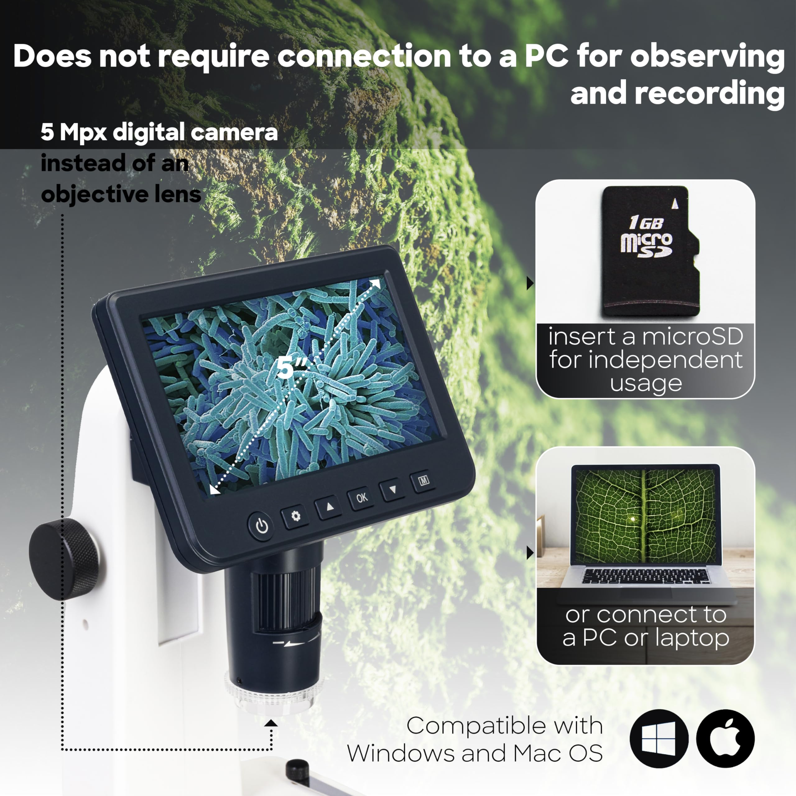 Mikroskop USB Discovery Artisan 512 o Dużym Zmiennym Powiększeniu do 1200 Razy z 5-Calowym Ekranem LCD i Kamerą Cyfrową, Kompatybilny z Systemami Windows i Mac OS
