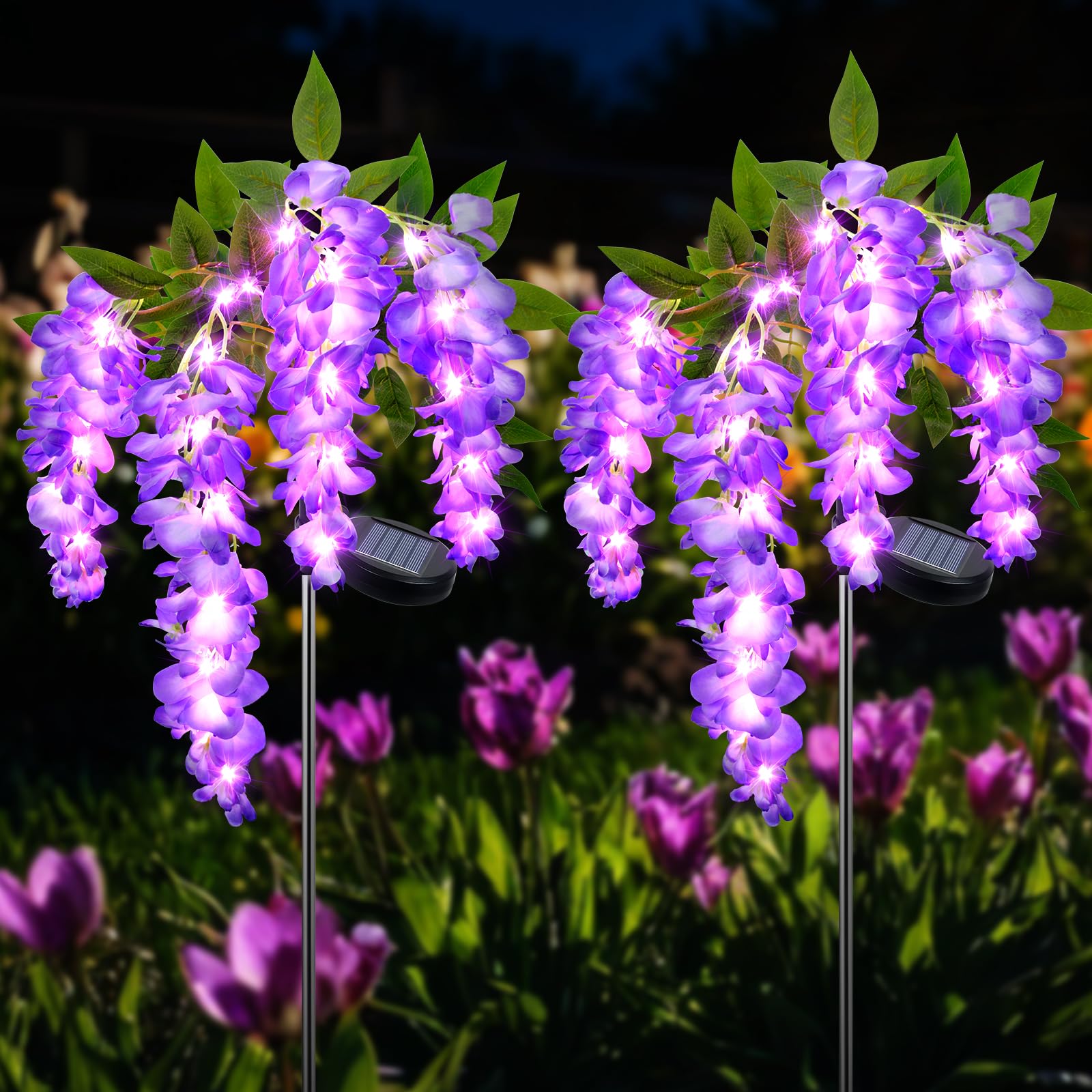Qoosea Solar Lights Outdoor Garden, 2 Packs Violet Flower Lights Outdoor Decorations, 2 Modes Solar Pathway Light with LED, Waterproof Flower Lamp Garden Ornaments for Yard Lawn Patio