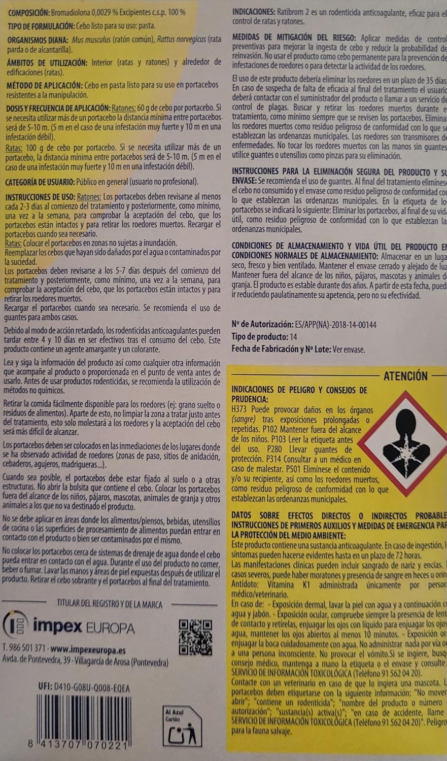 Peyca Ratibrom 2 Cebo Fresco Rojo 150gr - Impex. Raticida para Ratas y Ratones. Resistente al Calor y la Humedad. Eficaz con Solo una Ingesta. Listo para Usar. (6, Rojo)