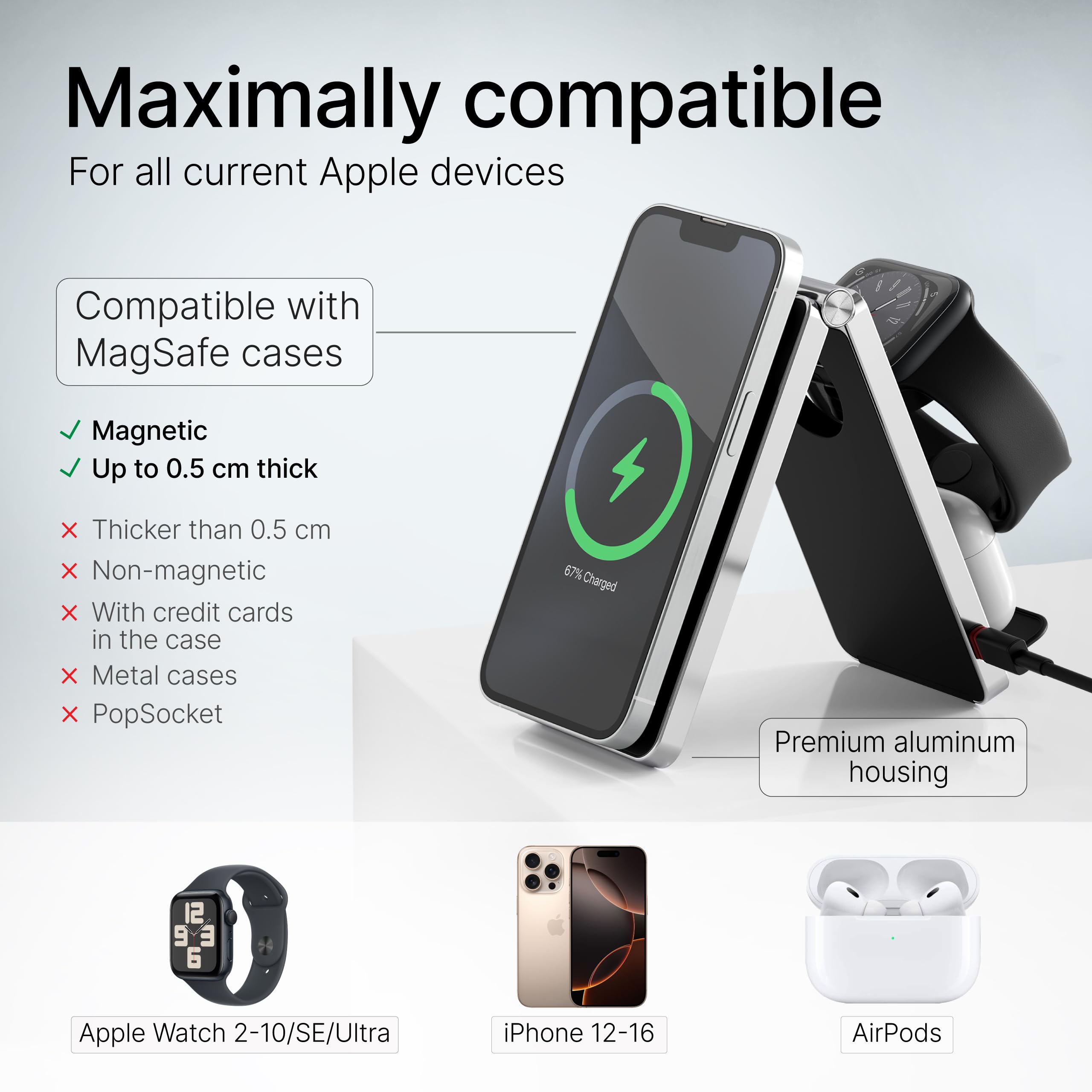 Base de Carga inalámbrica 3 en 1 para iPhone, Apple Watch y AirPods, Plegable de Aluminio, 15W, con Adaptador USB-C de 20W y Cable, compacta y Antideslizante