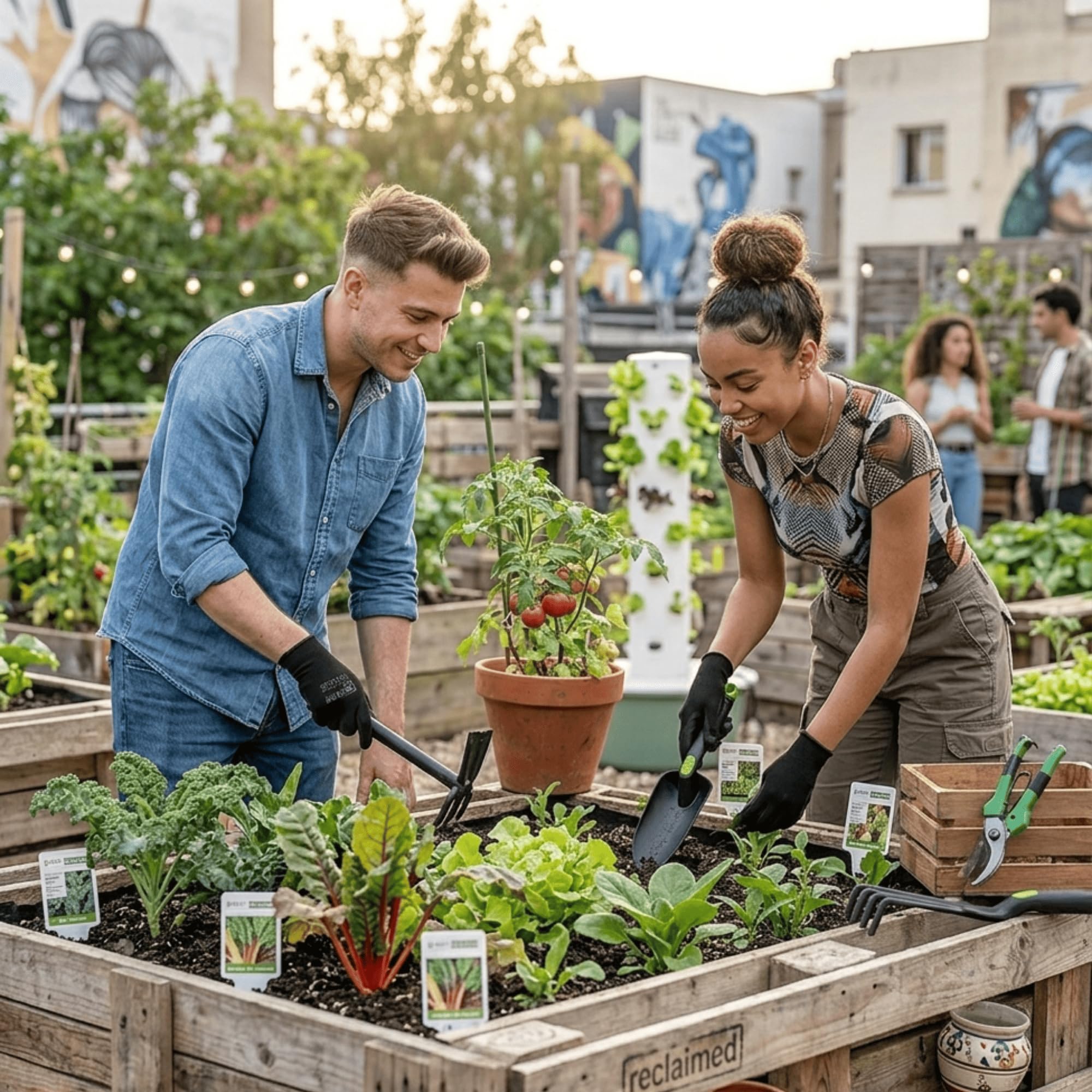 Kit 5 Herramientas de jardinería Resistente de Fibra de Vidrio Ideal para jardín, huerto Urbano o terraza | Kit jardineria Completo Que Incluye: Pala, Rastrillo, Azada, Tijeras de Podar y Guantes.