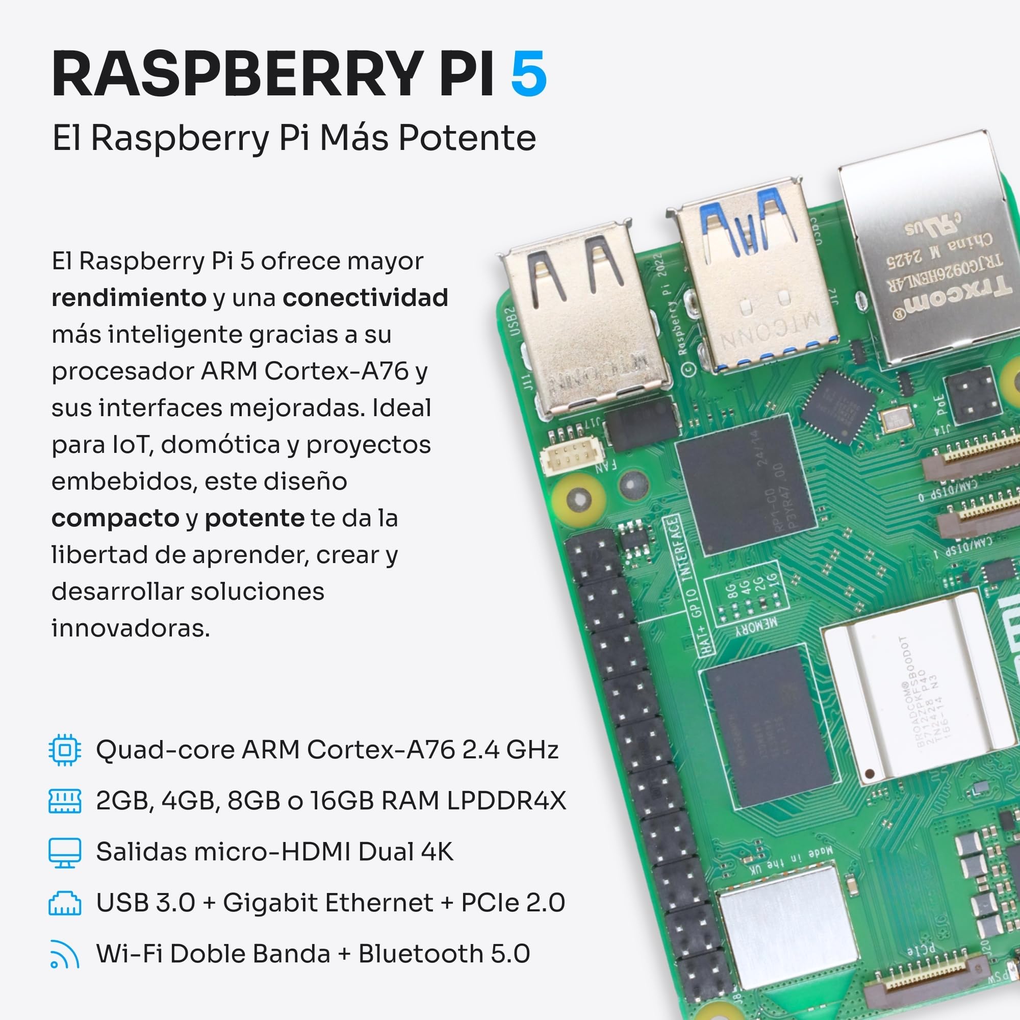 Starter Kit para Raspberry Pi 5 2 GB | Tarjeta MicroSD 64 GB | Fuente de Alimentación 27 W | Caja con Ventilador Integrado y Disipador de Calor | Cable Micro-HDMI 4K 60 Hz - 5