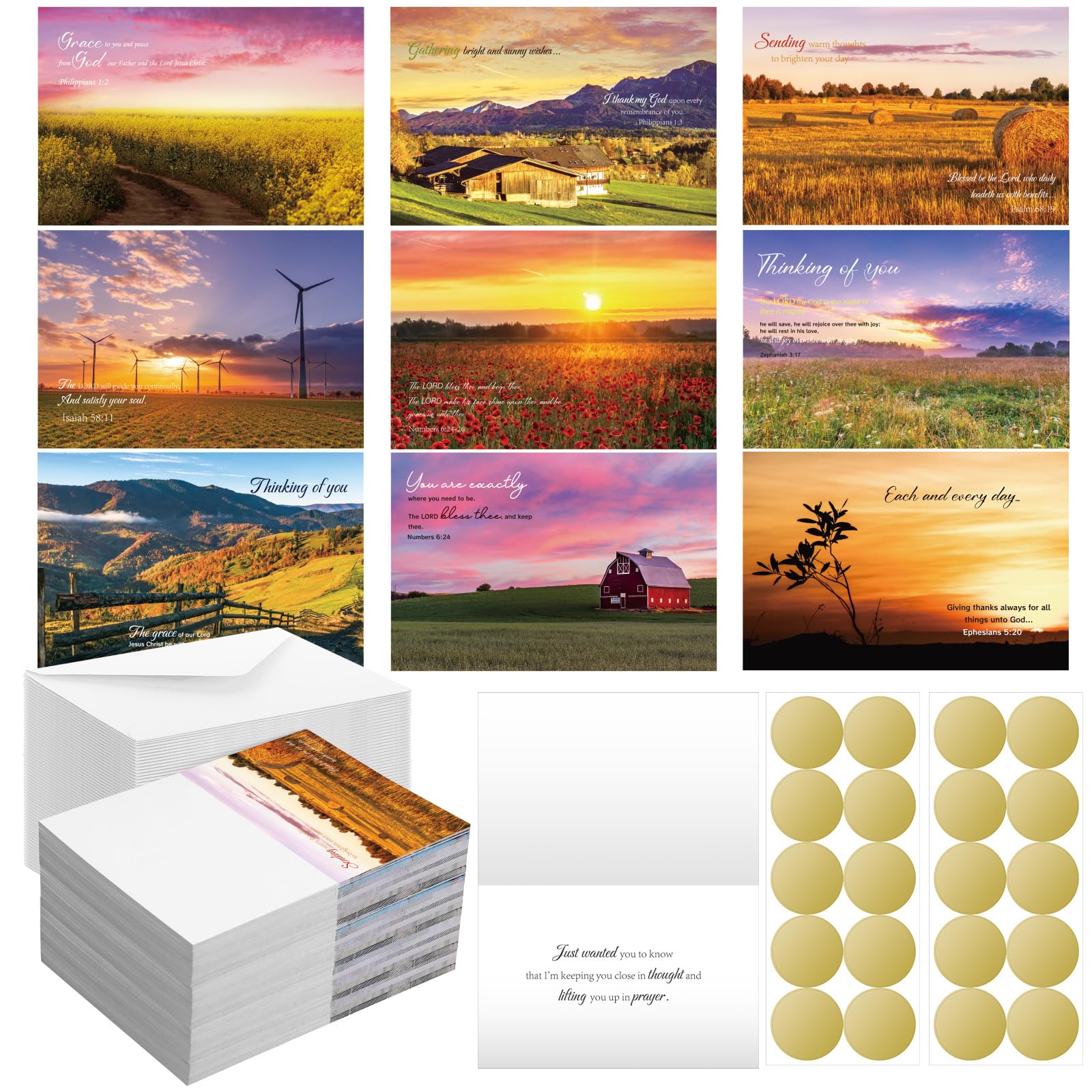 Dunzoom 100 Pack Religious Thinking of You Cards Bulk Set with Envelopes Stickers 10 Floral Landscape Designs Assort Christian Thinking of You with