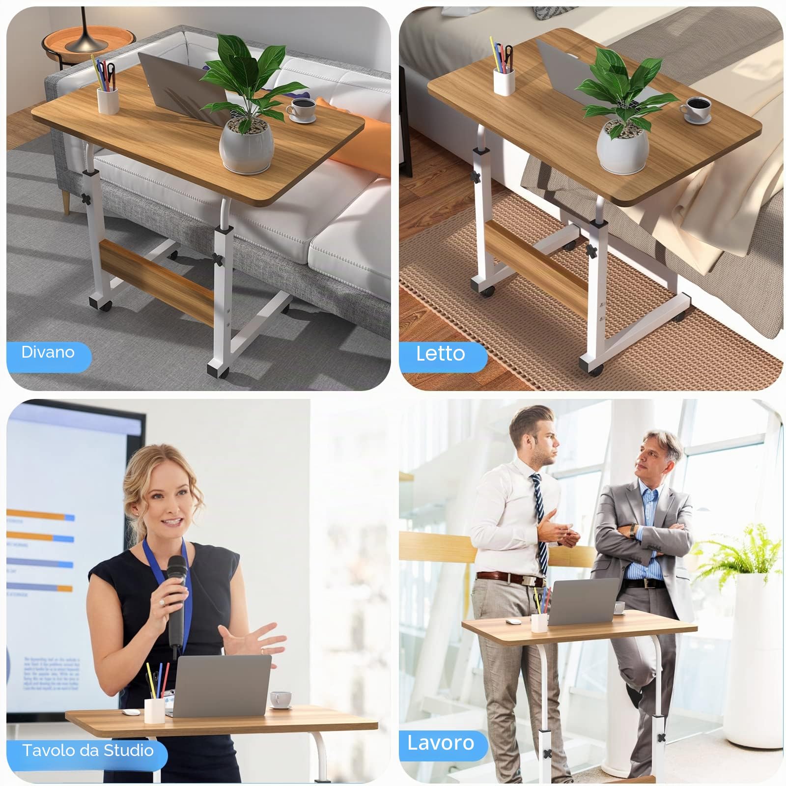PIPIPOXER Tavolo per Computer Portatile con Ruote 60 x 40 cm, Altezza Regolabile 69-90 cm, Scrivania Mobile Girevole 360°, Legno