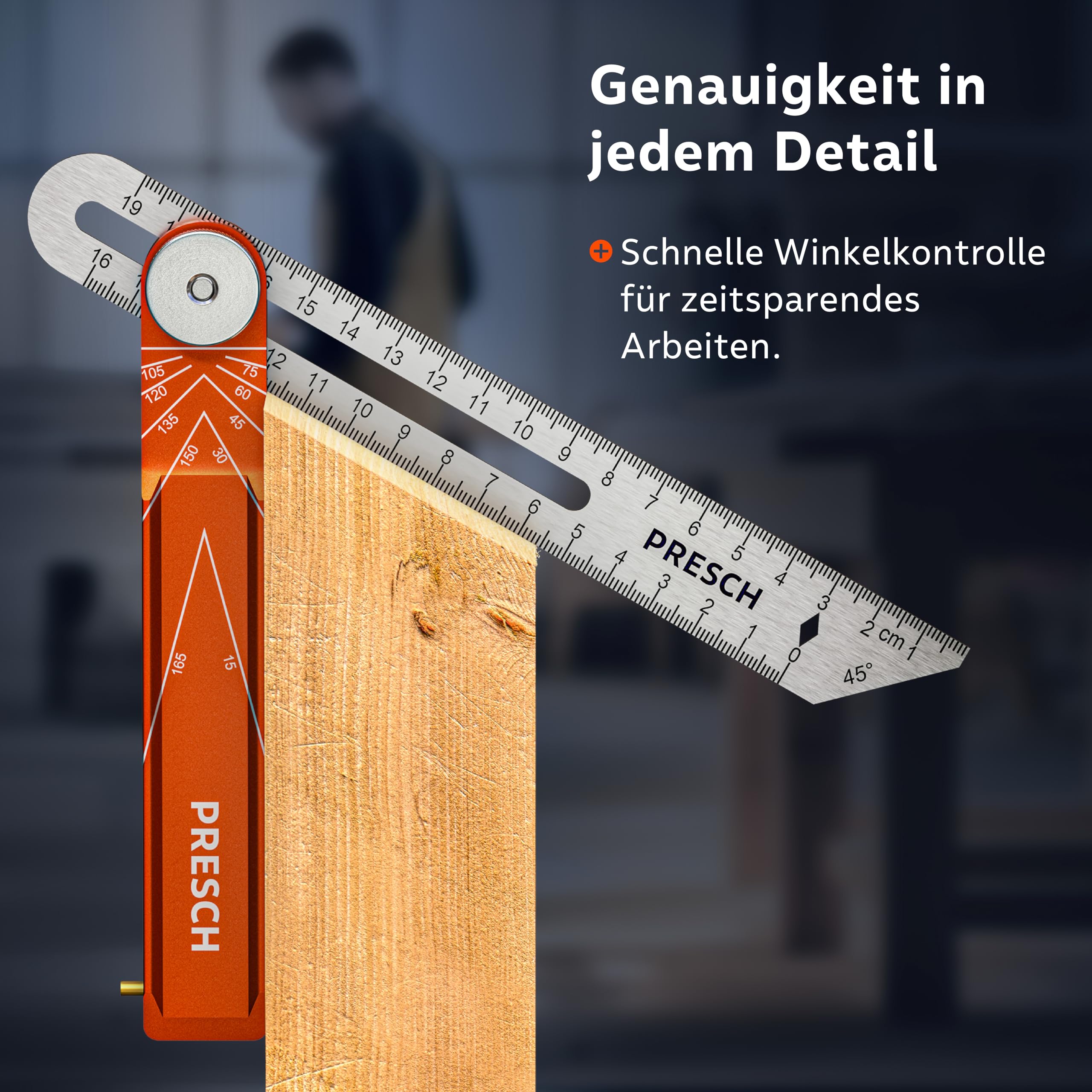 Presch Winkelschmiege inkl. Zusatzlineal - 190mm & 270mm - Extrem präzise Winkel übertragen - Verstellbare Schmiege mit Streichmaß-Funktion aus präzisionsgefrästem Aluminium und Edelstahl
